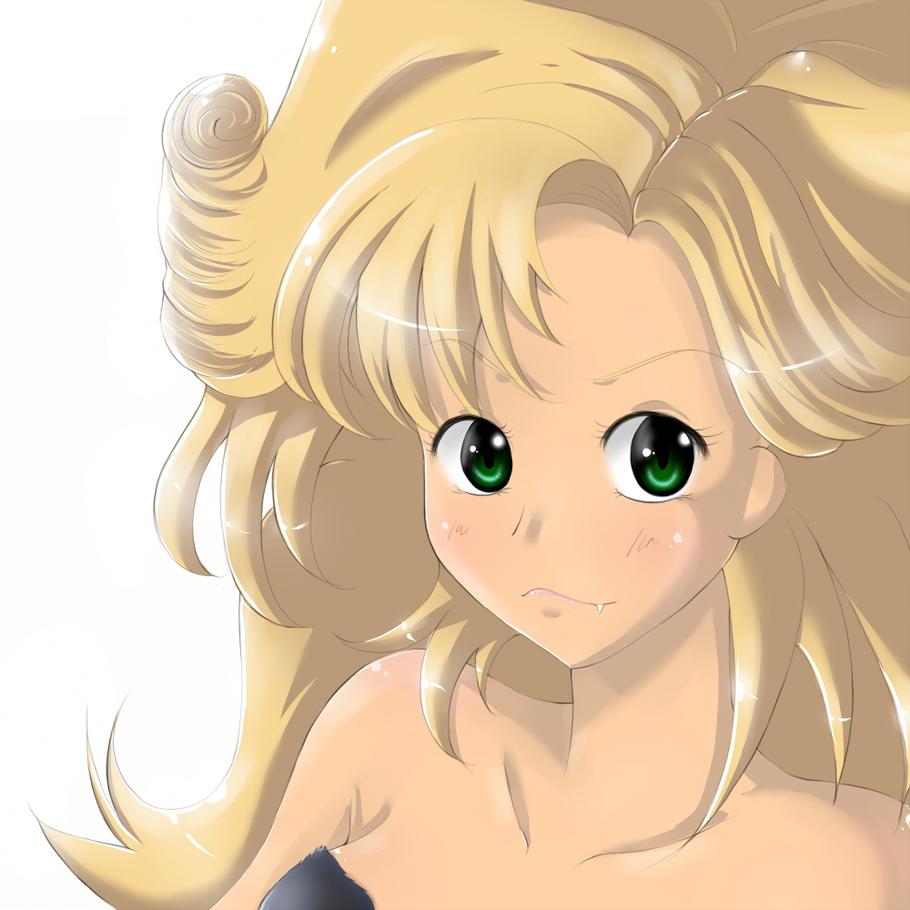 miang, ayla (chrono trigger), chrono (series), chrono trigger, 1990s (style), 1girl, blonde hair, fang, female focus, green eyes, retro artstyle, solo