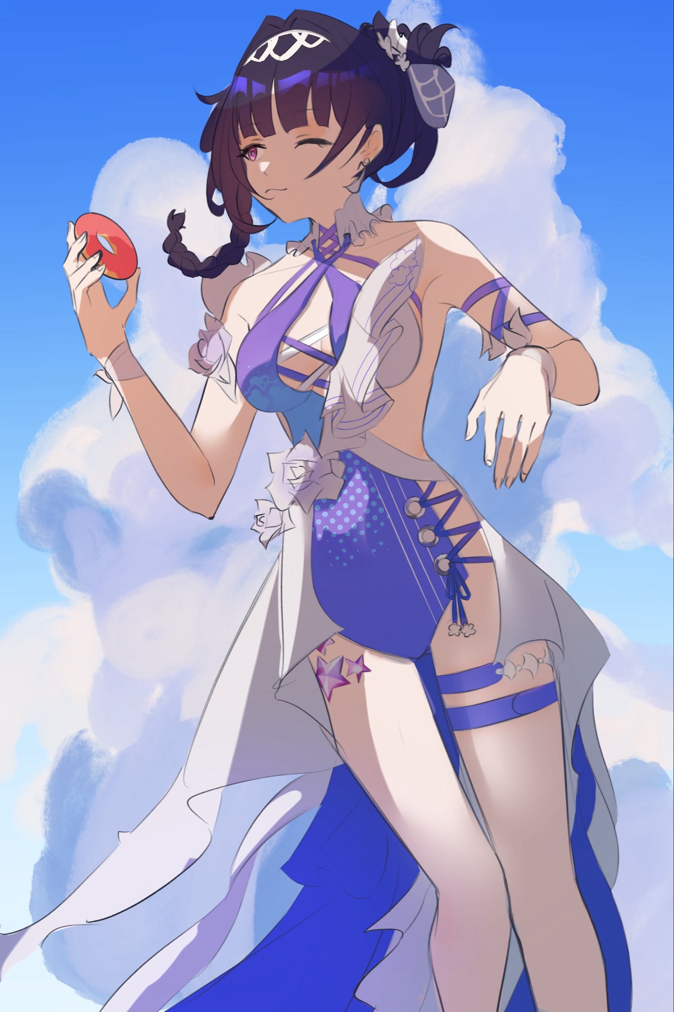 raiden mei, raiden mei (crooning tides), raiden mei (herrscher of origin), honkai (series), honkai impact 3rd, hashtag-only commentary, highres, 1girl, bare shoulders, blue one-piece swimsuit, blue sky, breasts, cloud, donut, food, holding, holding donut, holding food, large breasts, medium hair, official alternate costume, one-piece swimsuit, outdoors, purple eyes, purple hair, sehelnn, sky, solo, swimsuit, thigh strap