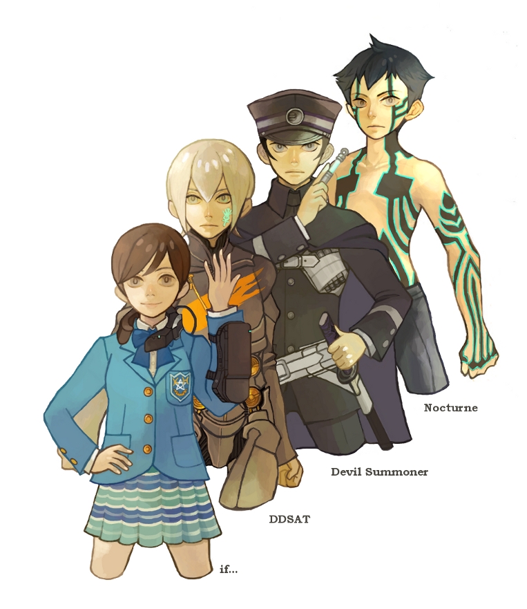 gou (artist), i-nhoc, demi-fiend, kuzunoha raidou, serph, tamaki uchida, uchida tamaki, atlus, devil summoner (series), digital devil saga, raidou kuzunoha vs the soulless army, shin megami tensei, shin megami tensei: if…, shin megami tensei iii: nocturne, bad id, bad pixiv id, 1girl, 3boys, black hair, blazer, bodysuit, brown hair, cape, glowing, head-mounted display, in-franchise crossover, jacket, katana, miniskirt, multiple boys, pleated skirt, ribbon, school uniform, short hair, simple background, skirt, smile, standing, sword, tattoo, weapon, white hair