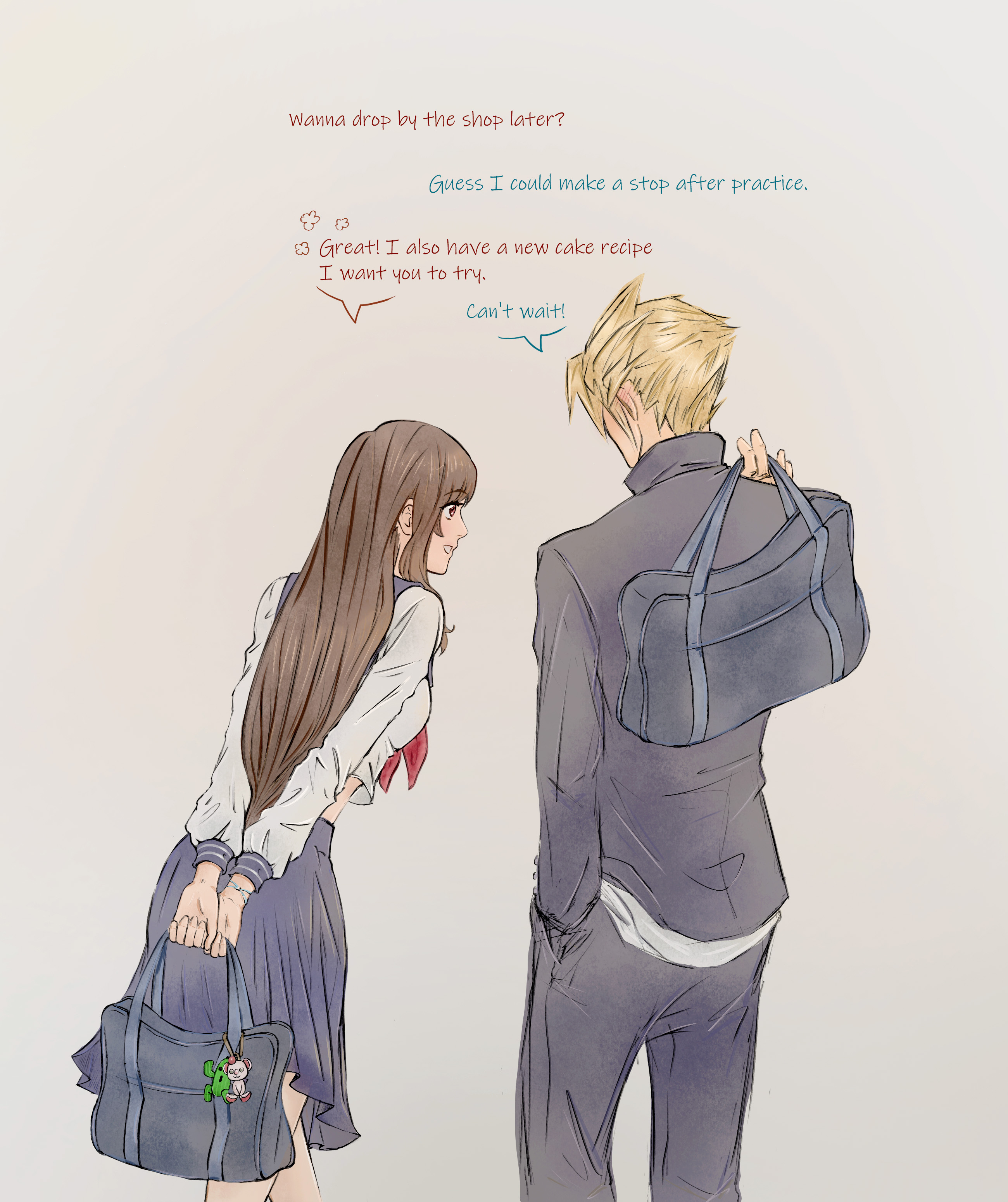 anna m, cloud strife, moogle, sabotender, tifa lockhart, tifa lockhart (midgard seventh high school), final fantasy, final fantasy vii, final fantasy vii ever crisis, absurdres, hashtag-only commentary, highres, 1boy, 1girl, bag, black jacket, black pants, blonde hair, blue sailor collar, blue skirt, breasts, brown hair, character charm, charm (object), cloud strife (midgard seventh high school), delinquent, english text, feet out of frame, from behind, gakuran, grey background, hand in pocket, height difference, holding, holding bag, jacket, leaning forward, long hair, long sleeves, looking at another, medium breasts, neckerchief, official alternate costume, pants, parted lips, pleated skirt, red eyes, red neckerchief, sailor collar, school bag, school uniform, serafuku, short hair, simple background, skirt, spiked hair, walking, white serafuku
