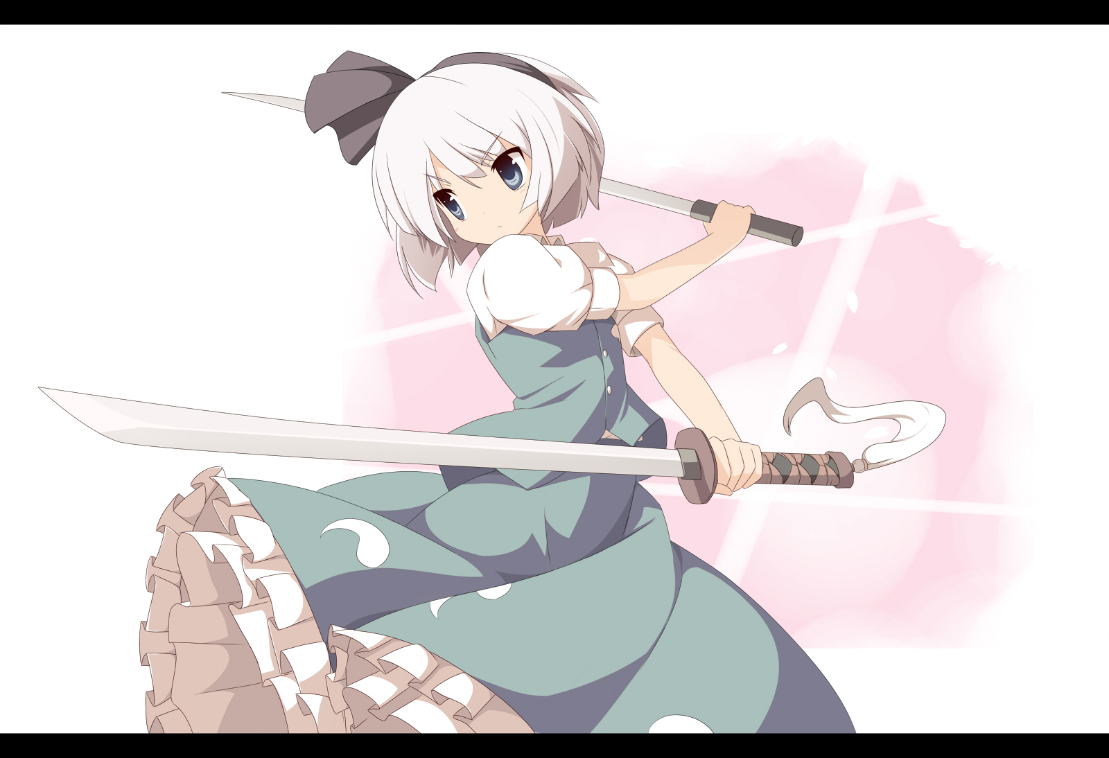 miko machi, konpaku youmu, touhou, silver hair, highres, 1girl, blue eyes, dual wielding, female focus, gradient background, hairband, holding, letterboxed, skirt, solo, sword, weapon, white background