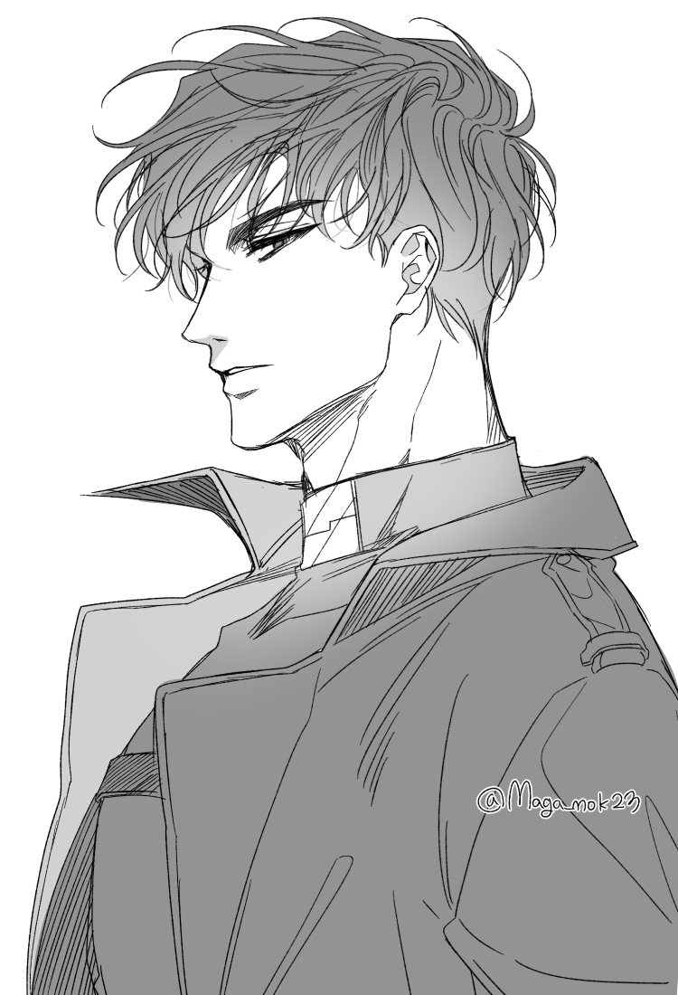 maga mok23, yoo joonghyuk, omniscient reader's viewpoint, 1boy, belt, black coat, black eyes, black hair, black shirt, coat, crew neck, from side, greyscale, hair flowing over, looking at viewer, male focus, monochrome, open clothes, open coat, parted lips, popped collar, serious, shirt, short hair, solo, upper body