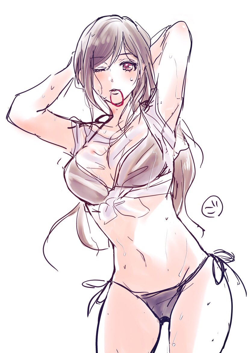 gogochi55, tifa lockhart, final fantasy, final fantasy vii, commentary request, 1girl, adjusting hair, arms behind head, bikini, black bikini, black hair, blush, breasts, cowboy shot, hair tie, hair tie in mouth, large breasts, long hair, looking at viewer, mouth hold, navel, one eye closed, red eyes, see-through clothes, see-through shirt, shirt, short sleeves, side-tie bikini bottom, signature, simple background, solo, stomach, swimsuit, tied shirt, wet, wet clothes, wet shirt, white background, white shirt