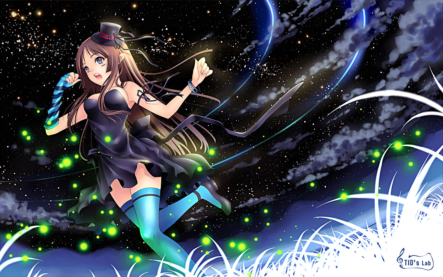 tidsean, akiyama mio, don't say "lazy", k-on!, 00s, 1girl, bare shoulders, black hair, blue eyes, dress, female focus, fingerless gloves, gloves, hat, long hair, long legs, mini hat, mini top hat, solo, striped clothes, striped gloves, thighhighs, top hat, zettai ryouiki