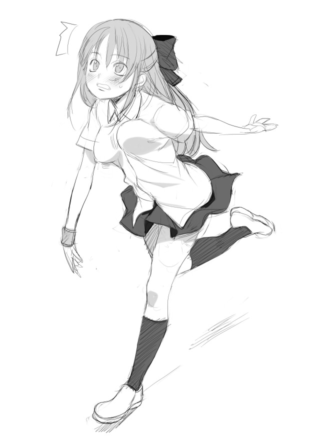 nora higuma, 1girl, bouncing breasts, breasts, dress shirt, female focus, full body, greyscale, hair ornament, hair ribbon, kneehighs, long hair, miniskirt, monochrome, pleated skirt, ribbon, shirt, shoes, simple background, sketch, skirt, socks, solo, standing, surprised, sweat