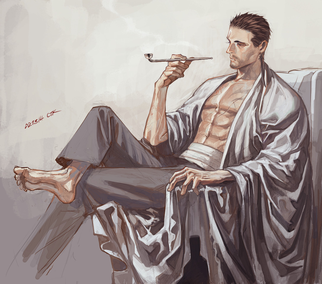 original, 1boy, abs, bara, barefoot, beard stubble, brown eyes, brown hair, chair, crossed legs, ctkcave, earrings, facial hair, feather earrings, feathers, grey pants, holding, holding smoking pipe, jewelry, male focus, muscular, muscular male, on chair, open clothes, open robe, pants, robe, sarashi, short hair, simple background, single earring, sitting, smoking pipe, solo, spiked hair, stubble, white background, white robe