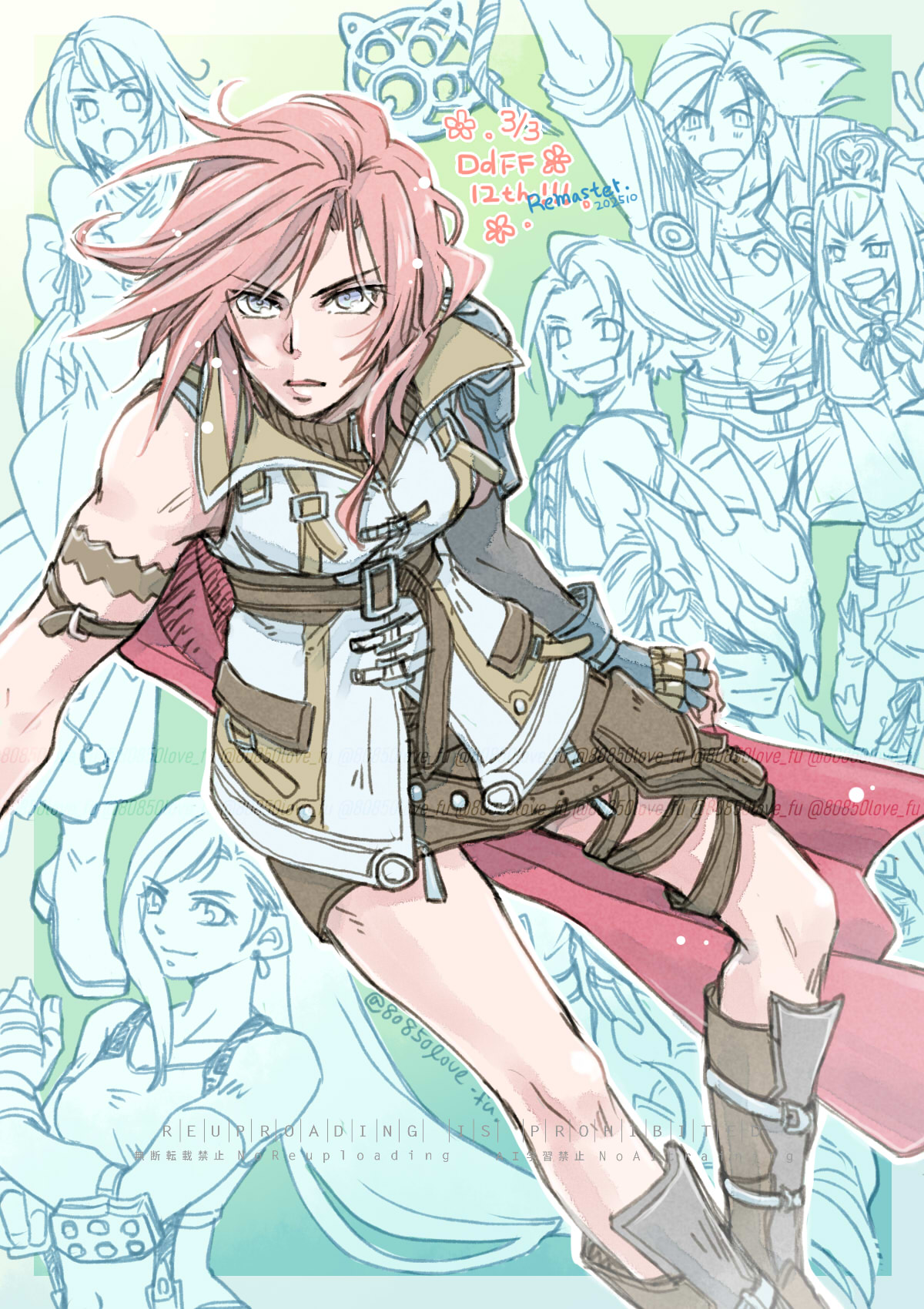 80850love fu, cain highwind, laguna loire, lightning farron, prishe, tifa lockhart, vaan (ff12), yuna (ff10), dissidia 012 final fantasy, dissidia final fantasy, final fantasy, final fantasy iv, final fantasy vii, final fantasy viii, final fantasy x, final fantasy xi, final fantasy xii, final fantasy xiii, commentary request, highres, 3boys, 4girls, arm strap, bare shoulders, boots, cape, closed mouth, dated, feet out of frame, fingerless gloves, gloves, in-franchise crossover, jacket, long hair, looking at viewer, miniskirt, multiple boys, multiple girls, pink hair, red cape, short hair, single bare shoulder, single shoulder pad, skirt, tank top, upper body, white jacket