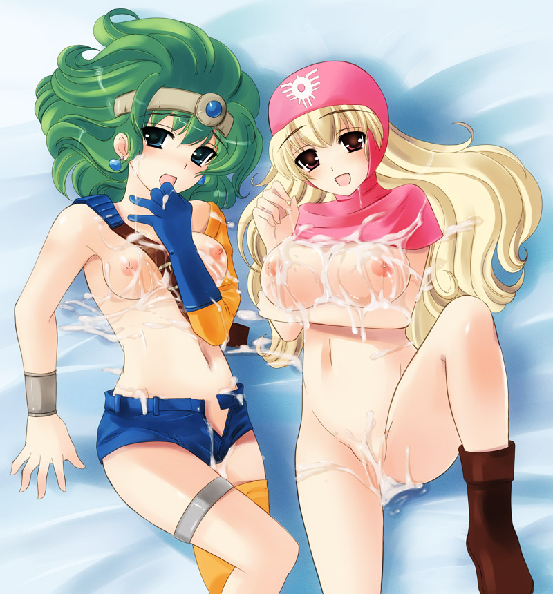 tenro aya, heroine (dq4), princess of moonbrook, chunsoft, dragon quest, dragon quest ii, dragon quest iv, enix, breast hold, 1980s (style), 2girls, blonde hair, breasts, brown eyes, circlet, cum, cum in clothes, cum on body, cum on breasts, cum on clothes, cum on lower body, cum on pussy, cum on upper body, earrings, gloves, green eyes, green hair, hood, jewelry, lying, multiple girls, nipples, nude, oldschool, on back, open fly, open mouth, pussy, retro artstyle, short shorts, shorts, smile, topless female, unzipped, wet, wet clothes, wet shorts