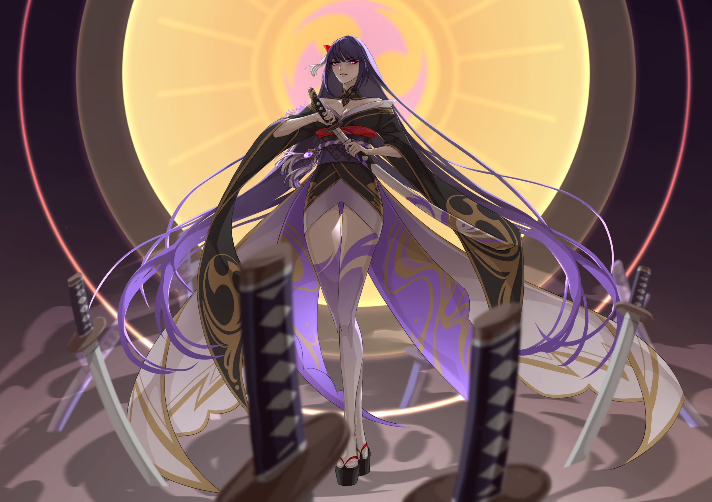 ngkhyn, raiden shogun, genshin impact, highres, 1girl, alternate costume, alternate hairstyle, alternate universe, angry, arm up, bare shoulders, blunt bangs, blurry, closed mouth, collarbone, depth of field, detached collar, electro symbol (genshin impact), eyeliner, full body, glowing, glowing eyes, gradient hair, hair ornament, holding, holding sword, holding weapon, japanese clothes, katana, kimono, light rays, long sleeves, looking at viewer, looking down, makeup, mitsudomoe (shape), multicolored eyes, multicolored hair, no mole, off shoulder, pink lips, purple eyes, purple hair, purple kimono, purple thighhighs, red eyeliner, red pupils, red sash, redesign, sash, shade, shaded face, solo, standing, sun, sword, thighhighs, thighs, tomoe (symbol), torn clothes, torn thighhighs, weapon, wide sleeves