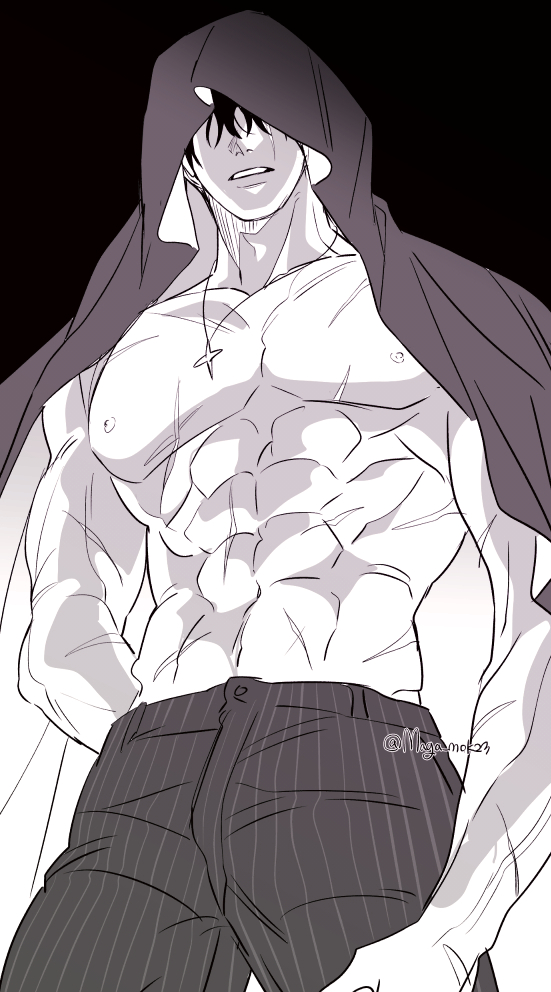 maga mok23, secretive plotter, yoo joonghyuk, omniscient reader's viewpoint, 1boy, abs, black hair, clenched teeth, cloak, covered eyes, facing viewer, from below, hand in pocket, hood, hood up, hooded cloak, jewelry, male focus, multiple scars, muscular, muscular male, necklace, nipples, no shirt, pectorals, scar, scar across eye, scar on arm, scar on chest, scar on face, scars all over, short hair, solo, star pendant, teeth, too many