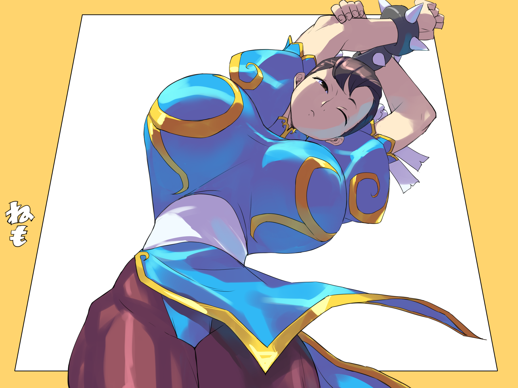coveredcore, chun-li, capcom, street fighter, street fighter ii (series), highres, 1girl, arms up, bracelet, breasts, brown hair, chinese clothes, cropped legs, hair bun, half-closed eye, huge breasts, jewelry, one eye closed, pelvic curtain, sash, simple background, solo, spiked bracelet, spikes, standing, stretching, thick thighs, thighs, white sash