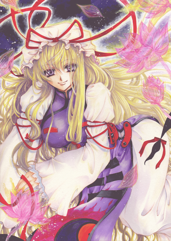 sagami, yakumo yukari, touhou, traditional media, 1girl, blonde hair, breasts, dress, female focus, flower, gap (touhou), hair ribbon, hat, long hair, plant, purple eyes, ribbon, solo