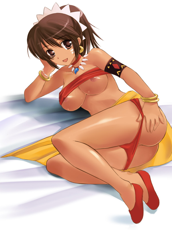 tenro aya, shilleka, atlus, etrian odyssey, 1girl, :d, areola slip, armband, ass, bandeau, bracelet, breasts, brown eyes, brown hair, choker, dark-skinned female, dark skin, earrings, female focus, jewelry, legs, lying, necklace, nipple slip, nipples, on side, open mouth, panties, panty pull, ponytail, smile, solo, strapless, thighs, tube top, underboob, underwear