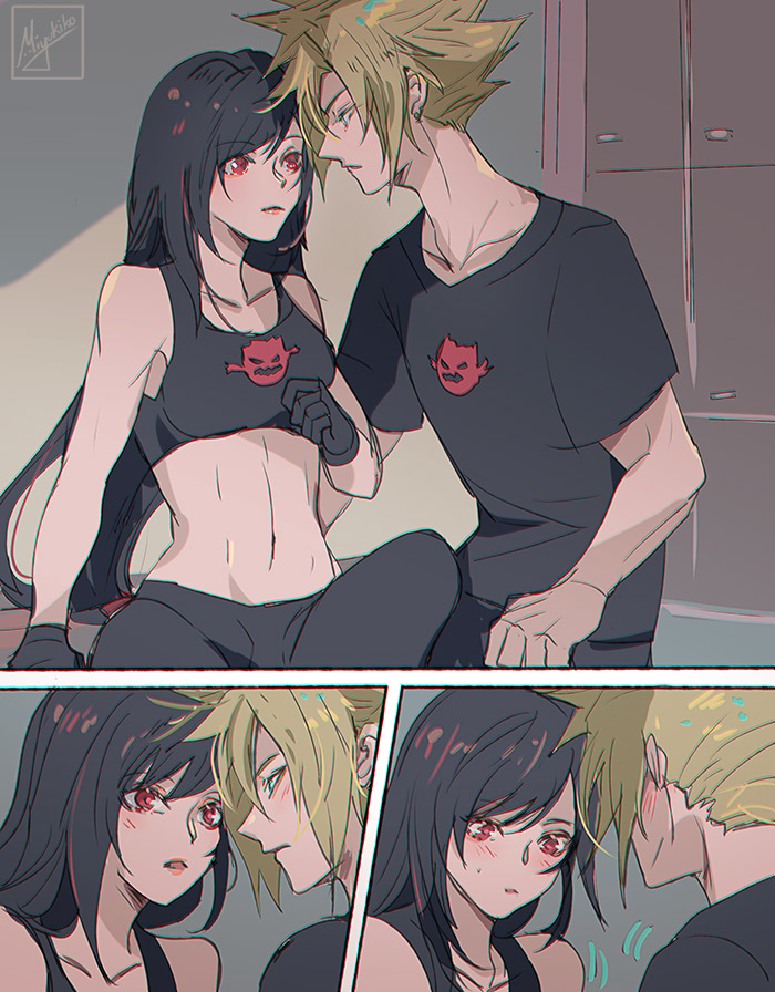 miyukiko, cloud strife, tifa lockhart, final fantasy, final fantasy vii, commentary, commission, english commentary, 1boy, 1girl, alternate costume, bare shoulders, black gloves, black hair, black shirt, black sports bra, blonde hair, blue eyes, blush, breasts, couple, eye contact, gloves, gym, gym uniform, hetero, imminent kiss, indoors, long hair, looking at another, matching outfits, medium breasts, midriff, motion lines, navel, parted lips, red eyes, shirt, signature, spiked hair, sports bra, sweatdrop, swept bangs, upper body
