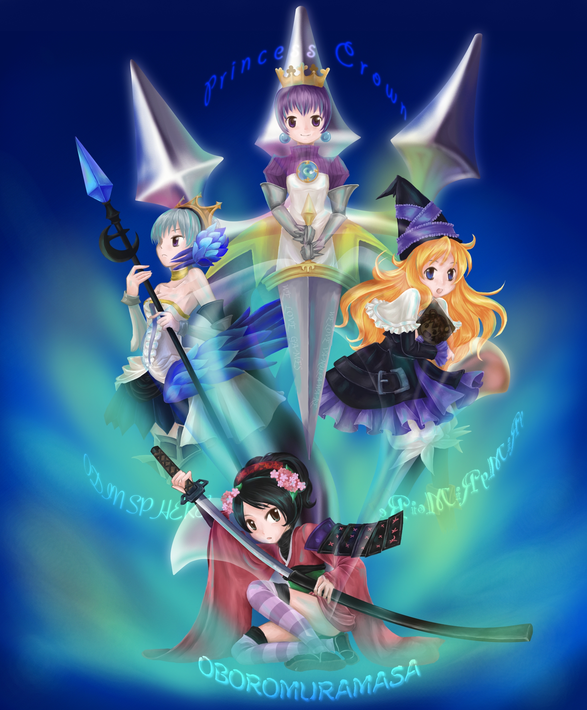 evening-peach, gradriel, gradriel de valendia, gwendolyn (odin sphere), kuma-tan, lillet blan, momohime, atlus, grimgrimoire, kumatanchi, oboro muramasa, odin sphere, princess crown, vanillaware, striped legwear, bad id, bad pixiv id, highres, 4girls, animal ears, armor, armored dress, bare shoulders, bear ears, belt, black eyes, black hair, blonde hair, bloomers, blue background, blue eyes, book, boots, breasts, brooch, capelet, choker, cleavage, comb, company connection, copyright name, crossover, crown, detached sleeves, dress, earrings, elbow gloves, flower, frills, gauntlets, gloves, gold crown, hair flower, hair ornament, hat, head wings, japanese clothes, jewelry, katana, kimono, laughing, long hair, multiple crossover, multiple girls, polearm, ponytail, purple eyes, purple hair, ribbon, sandals, scabbard, sheath, short hair, short kimono, skirt, smile, spear, sword, thighhighs, underwear, weapon, white hair, wings, witch, witch hat, wizard hat