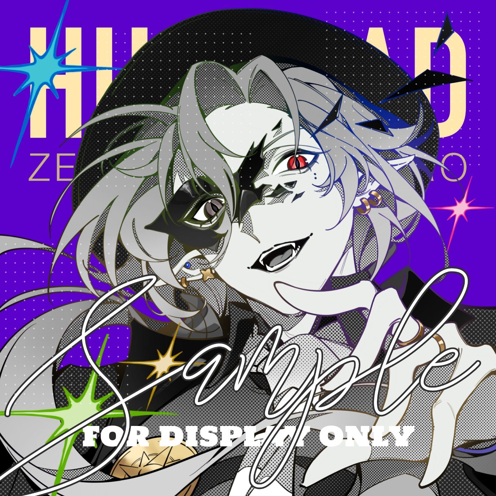 saskeboom, hugo vlad, zenless zone zero, commentary, highres, 1boy, alternate hair color, black coat, black hat, character name, coat, ear piercing, earrings, english text, eye mask, gold ring, grey eyes, grey hair, grey necktie, hair between eyes, half eye mask, hat, heterochromia, jewelry, long hair, looking at viewer, male focus, mask, medallion, mole, mole under eye, multiple rings, necktie, open mouth, piercing, pointy ears, purple background, red eyes, ring, sample watermark, shattered, solo, sparkle, upper body, watermark