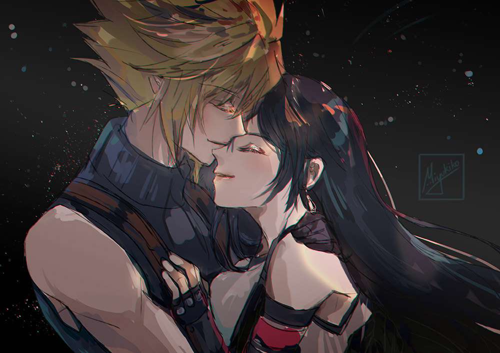 miyukiko, cloud strife, tifa lockhart, final fantasy, final fantasy vii, final fantasy vii remake, commentary, english commentary, 1boy, 1girl, bare shoulders, black gloves, black hair, blonde hair, blue sweater, closed eyes, closed mouth, couple, earrings, elbow gloves, fingerless gloves, from side, gloves, hand on another's chest, hand on another's shoulder, heads together, hetero, hug, jewelry, light particles, long hair, profile, short hair, signature, single arm guard, single earring, sleeveless, sleeveless turtleneck, smile, spiked hair, suspenders, sweater, tank top, turtleneck, turtleneck sweater, upper body, white tank top