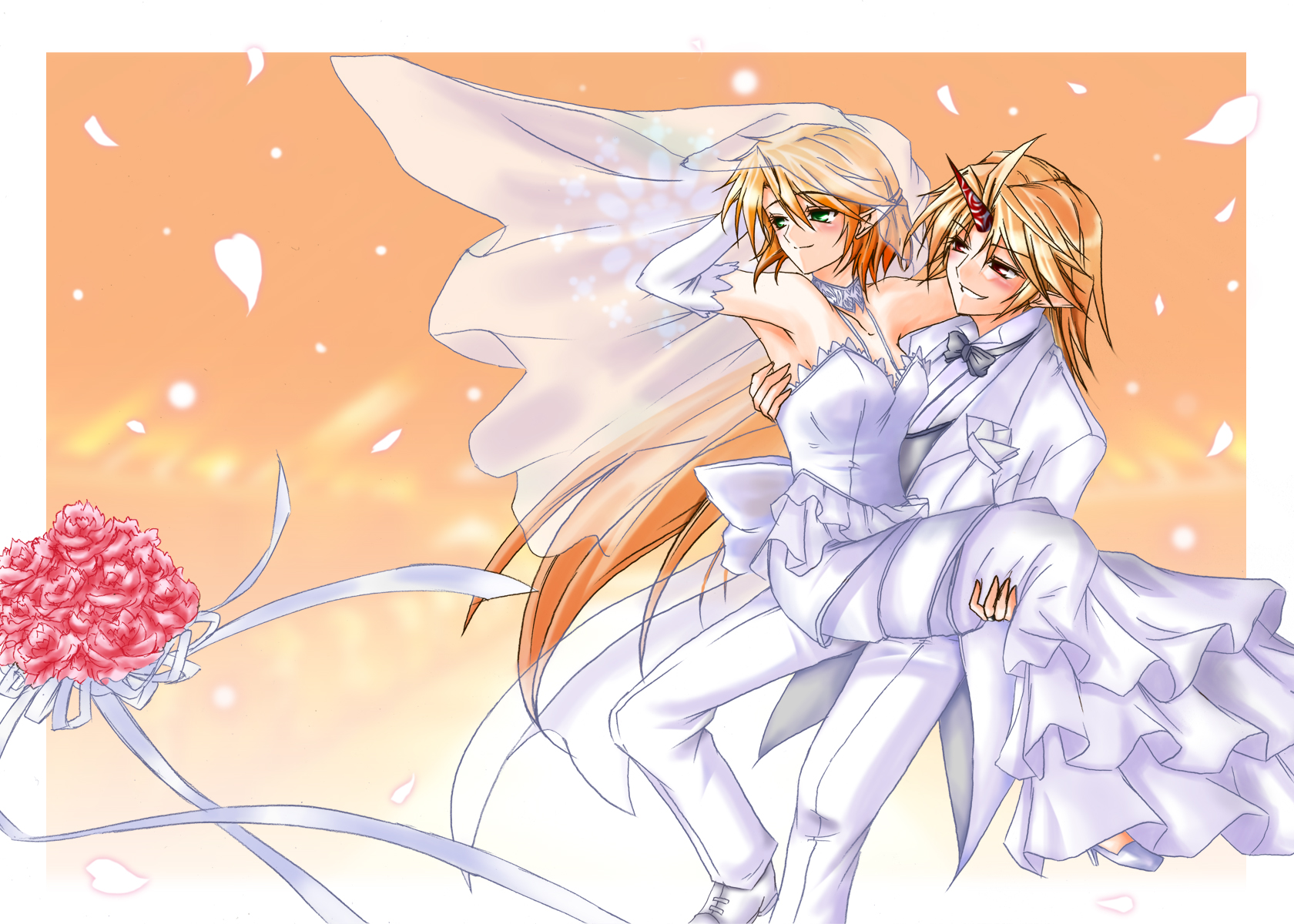 hazuki kasane, hoshiguma yuugi, mizuhashi parsee, touhou, highres, 2girls, blonde hair, bouquet, bridal veil, bride, dress, elbow gloves, female focus, flower, formal clothes, gloves, green eyes, horns, long hair, multiple girls, pant suit, pants, pointy ears, red eyes, short hair, single horn, suit, veil, wedding dress, yuri