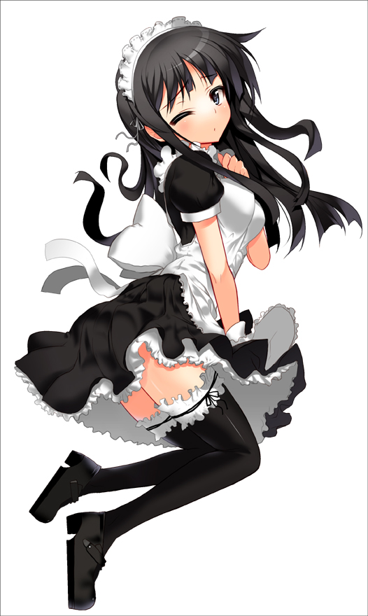 char, akiyama mio, k-on!, 00s, 1girl, alternate costume, apron, black hair, black thighhighs, blunt bangs, enmaided, female focus, frilled thighhighs, frills, hime cut, lingerie, long hair, maid, maid apron, maid headdress, moe moe kyun!, one eye closed, petticoat, solo, thighhighs, underwear, wink