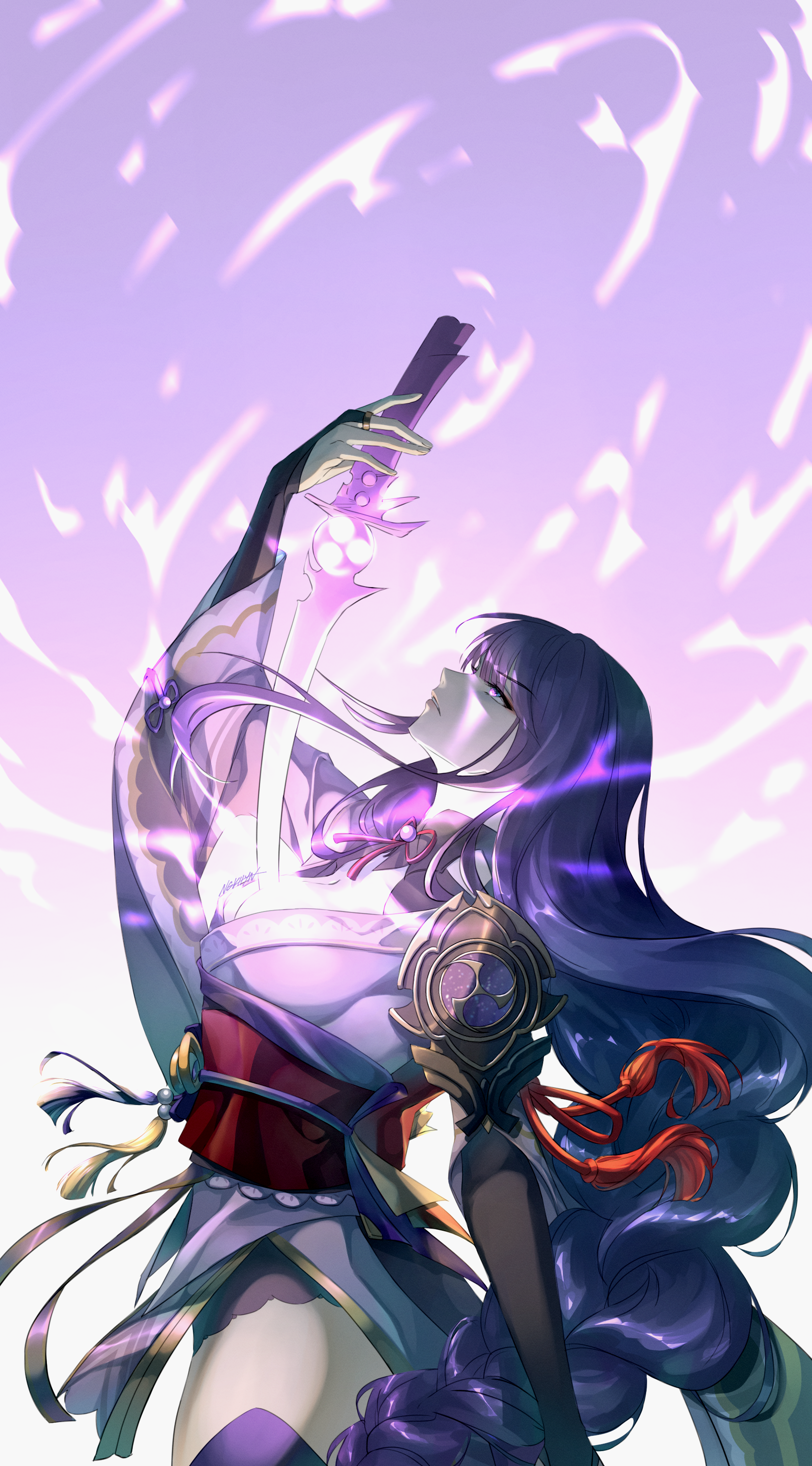 ngkhyn, raiden shogun, genshin impact, absurdres, commentary request, highres, 1girl, angry, asymmetrical sleeves, blunt bangs, braid, breasts, bridal gauntlets, cleavage, clothing cutout, electricity, electro symbol (genshin impact), from side, glowing, glowing eyes, glowing sword, glowing weapon, gradient background, holding, holding sword, holding weapon, japanese clothes, katana, kimono, large breasts, lingerie, long braid, long hair, looking up, mitsudomoe (shape), musou isshin (genshin impact), neck ribbon, off shoulder, parted lips, pink lips, powering up, purple background, purple kimono, purple thighhighs, red ribbon, red sash, ribbon, sash, shade, shaded face, shoulder cutout, single braid, solo, sword, thighhighs, thighs, tomoe (symbol), underwear, uneven sleeves, upper body, weapon, wide sleeves