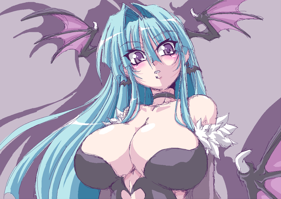 great magami, morrigan aensland, capcom, darkstalkers, aqua hair, bare shoulders, bat wings, blush, breasts, choker, demon girl, detached sleeves, earrings, elbow gloves, gloves, head wings, jewelry, large breasts, leotard, oekaki, purple eyes, shadow, solo, wings