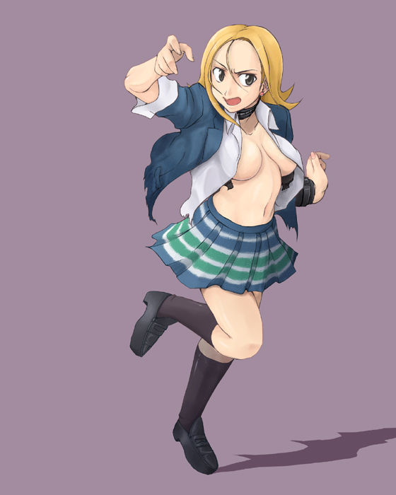 naoyuki, shirakawa yumi, yumi, atlus, shin megami tensei, shin megami tensei: if…, bad id, bad pixiv id, 1girl, ahoge, black socks, blazer, blonde hair, breasts, choker, cleavage, female focus, full body, jacket, large breasts, long hair, miniskirt, navel, no bra, open clothes, open mouth, open shirt, pleated skirt, school uniform, shirt, shoes, simple background, skirt, socks, solo, standing, torn clothes