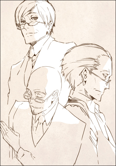 morii shizuki, luciano de lucca, paradiso santo claudio, vito, ristorante paradiso, 00s, 3boys, facial hair, glasses, goatee stubble, greyscale, lineart, male focus, monochrome, multiple boys, stubble