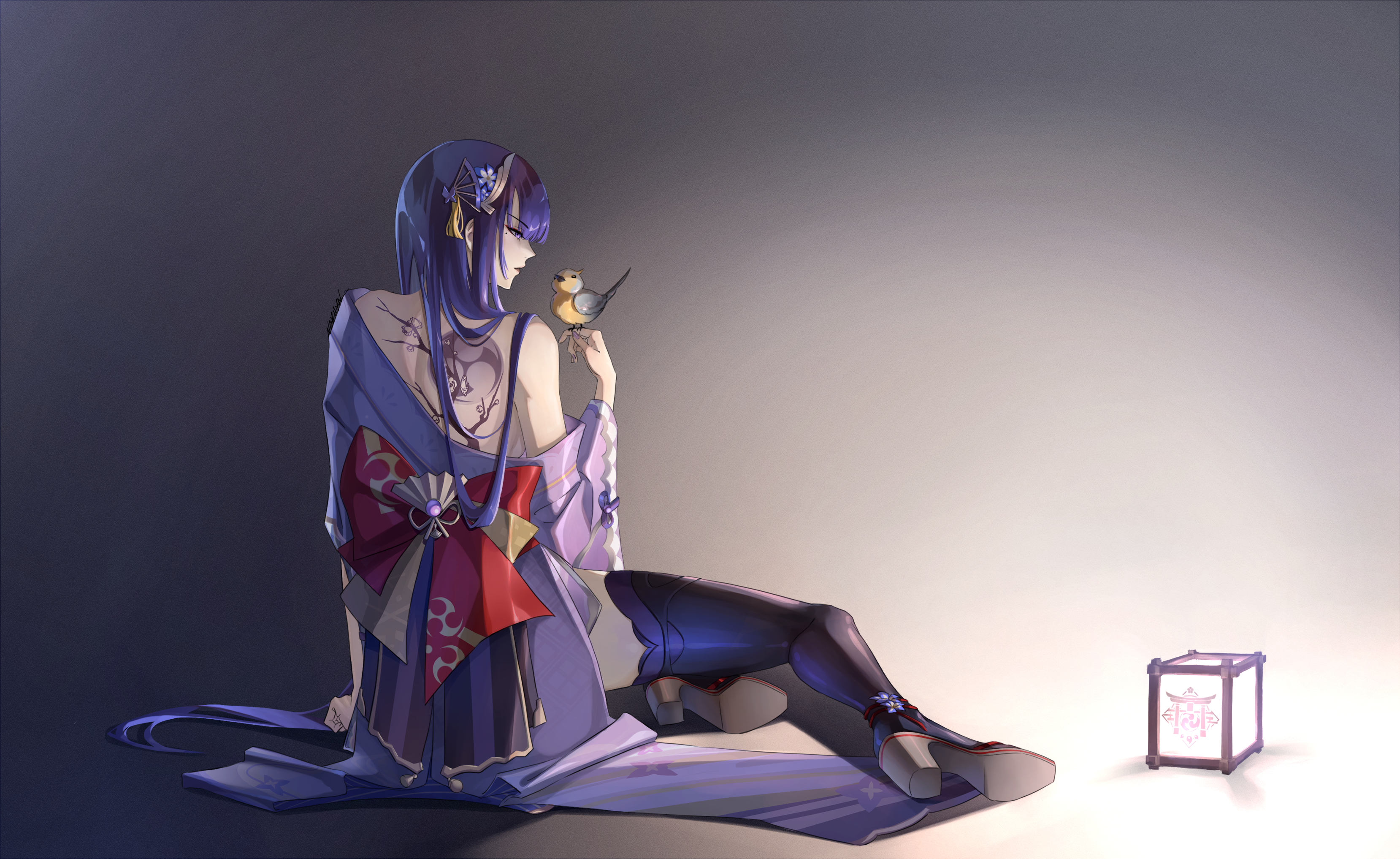 ngkhyn, raiden shogun, genshin impact, absurdres, hashtag-only commentary, highres, 1girl, back tattoo, bird, bird on hand, breasts, flower, from behind, glowing, hair ornament, high heels, japanese clothes, kimono, lamp, long hair, long sleeves, looking at viewer, mole, mole under eye, obi, open mouth, purple eyes, purple hair, redesign, sash, simple background, sitting, solo, tattoo, thighhighs, yokozuwari