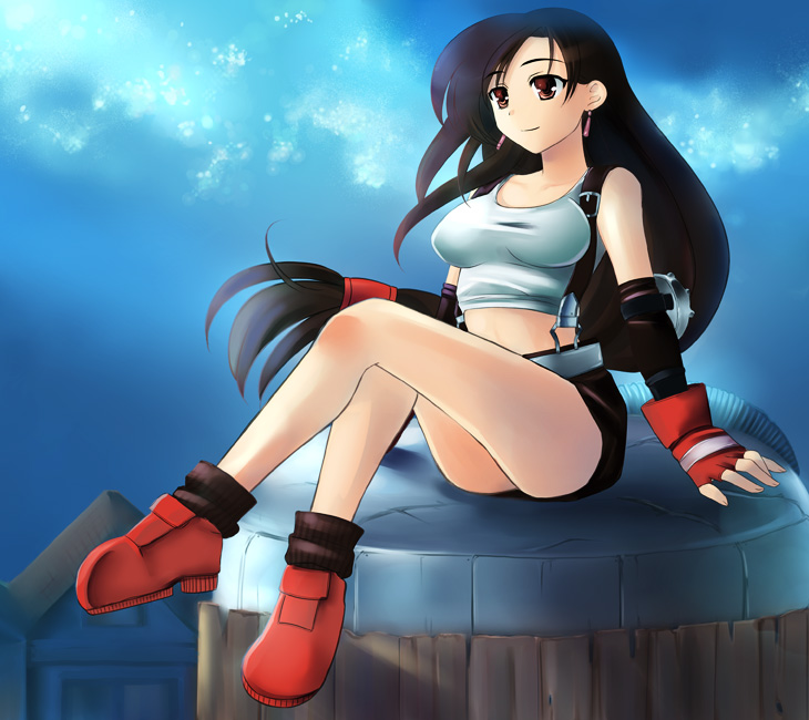 tenro aya, tifa lockhart, final fantasy, final fantasy vii, 1990s (style), 1girl, black hair, breasts, brown eyes, crossed legs, earrings, elbow gloves, female focus, fingerless gloves, gloves, jewelry, legs, long hair, long legs, low-tied long hair, midriff, miniskirt, night, pencil skirt, retro artstyle, shirt, shoes, sitting, skirt, sky, smile, socks, solo, suspender skirt, suspenders, tank top, taut clothes, taut shirt, thighs, very long hair