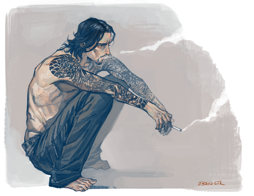 original, 1boy, arm tattoo, arms on knees, barefoot, beard, black eyes, black hair, cigarette, ctkcave, facial hair, holding, holding cigarette, male focus, male underwear, male underwear peek, medium hair, mustache, simple background, slav squatting, smoke, smoke trail, smoking, solo, squatting, tattoo, topless male, underwear