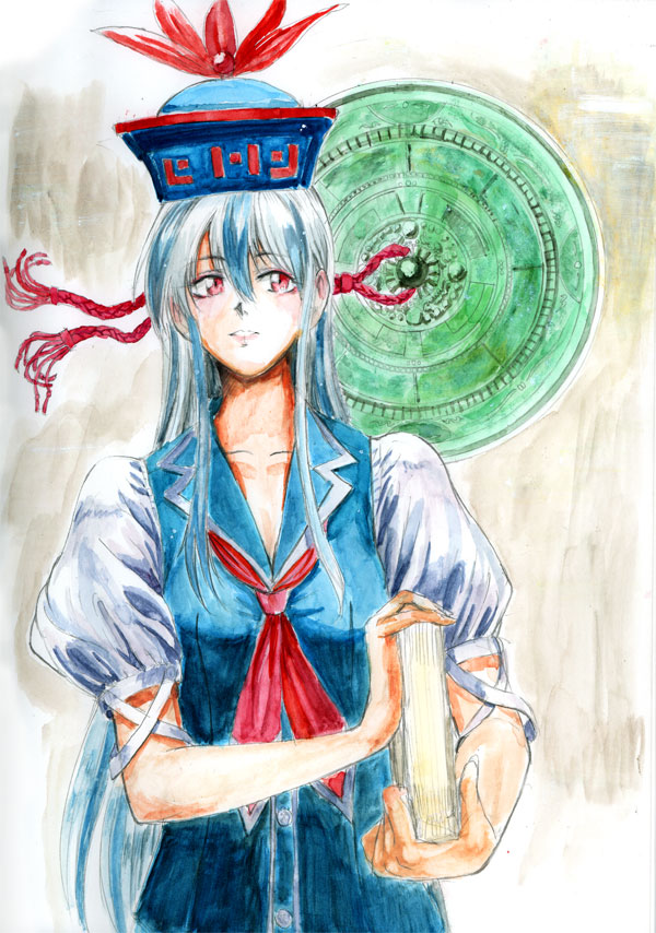 tsurui, kamishirasawa keine, touhou, traditional media, 1girl, book, female focus, hat, red eyes, solo, standing, upper body