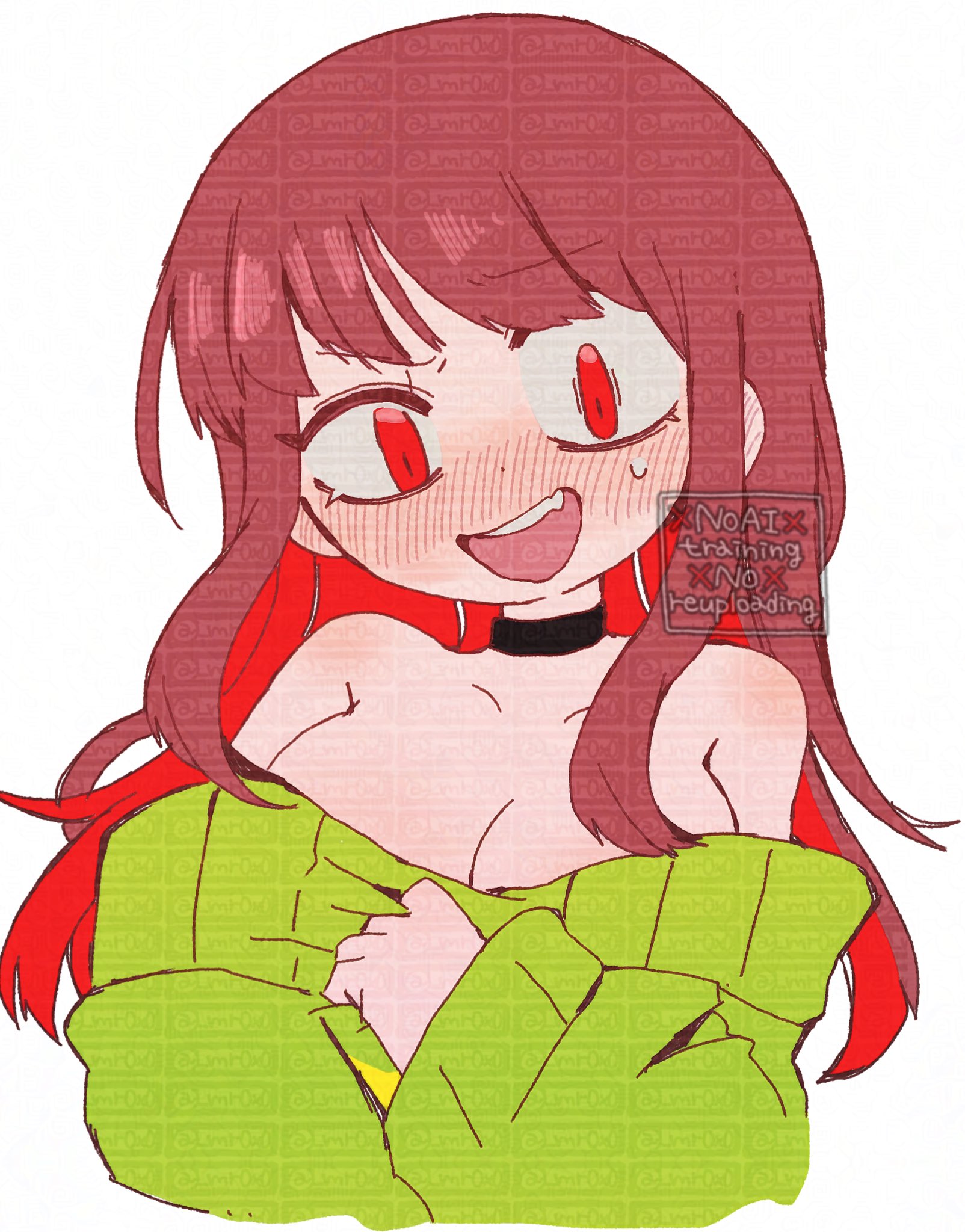 mr0x0, chara (undertale), undertale, utdr (toby fox), highres, 1girl, :d, aged up, alternate hair length, alternate hairstyle, bare shoulders, black choker, blush, breasts, brown hair, choker, collarbone, colored inner hair, cropped torso, fang, genderswap, genderswap (otf), green sweater, hand up, long hair, long sleeves, looking at viewer, medium breasts, multicolored hair, nose blush, off-shoulder sweater, off shoulder, open mouth, puffy long sleeves, puffy sleeves, raised eyebrow, red eyes, red hair, sidelocks, simple background, smile, solo, striped clothes, striped sweater, sweater, teeth, too many watermarks, two-tone hair, two-tone sweater, uneven eyes, upper teeth only, watermark, white background, yellow sweater