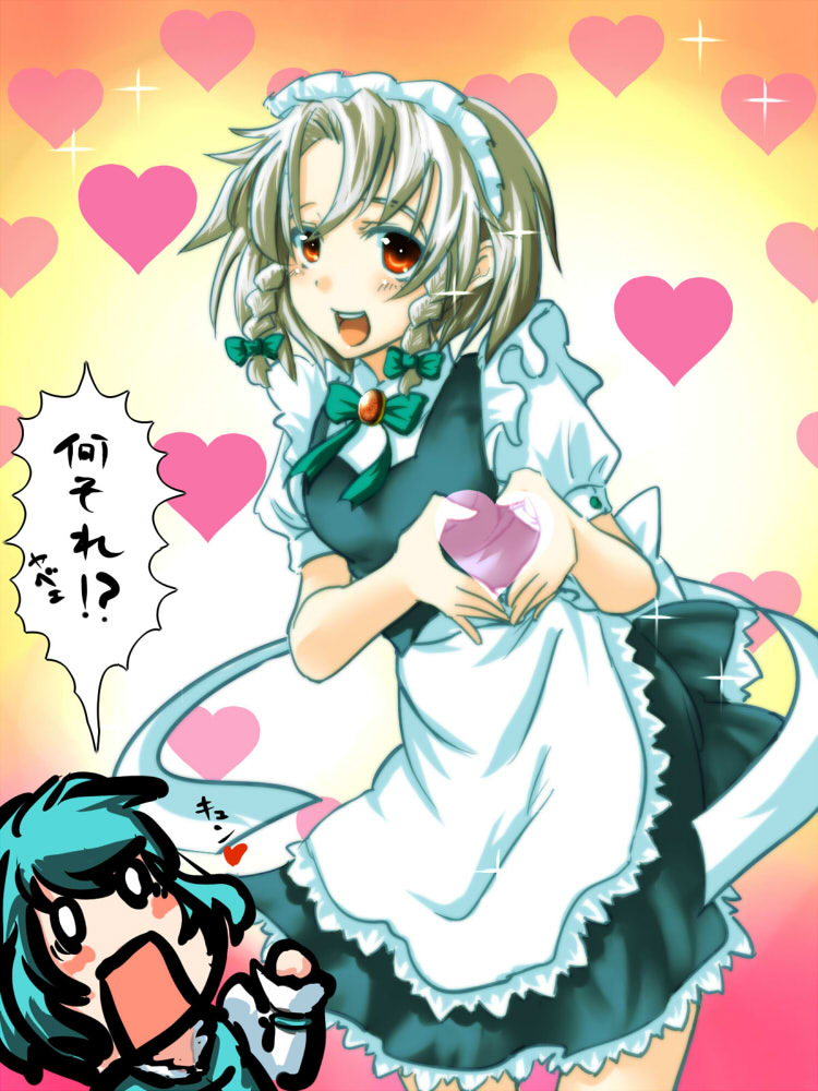irusu, izayoi sakuya, tatara kogasa, k-on!, touhou, silver hair, translated, 2girls, braid, female focus, heart, heart hands, maid, maid headdress, moe moe kyun!, multiple girls, open mouth, parody, red eyes, round teeth, smile, sparkle, surprised, teeth, twin braids