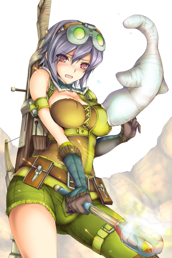 kizuki aruchu, giggi, capcom, monster hunter (series), 1girl, asymmetrical clothes, belt, belt pouch, biting, breast sucking, breast sucking through clothes, breasts, cleavage, club (weapon), covered erect nipples, elbow gloves, female focus, gloves, goggles, grey hair, large breasts, leather (armor), monster, nipples, pouch, purple hair, red eyes, short hair, single pantsleg, solo, weapon