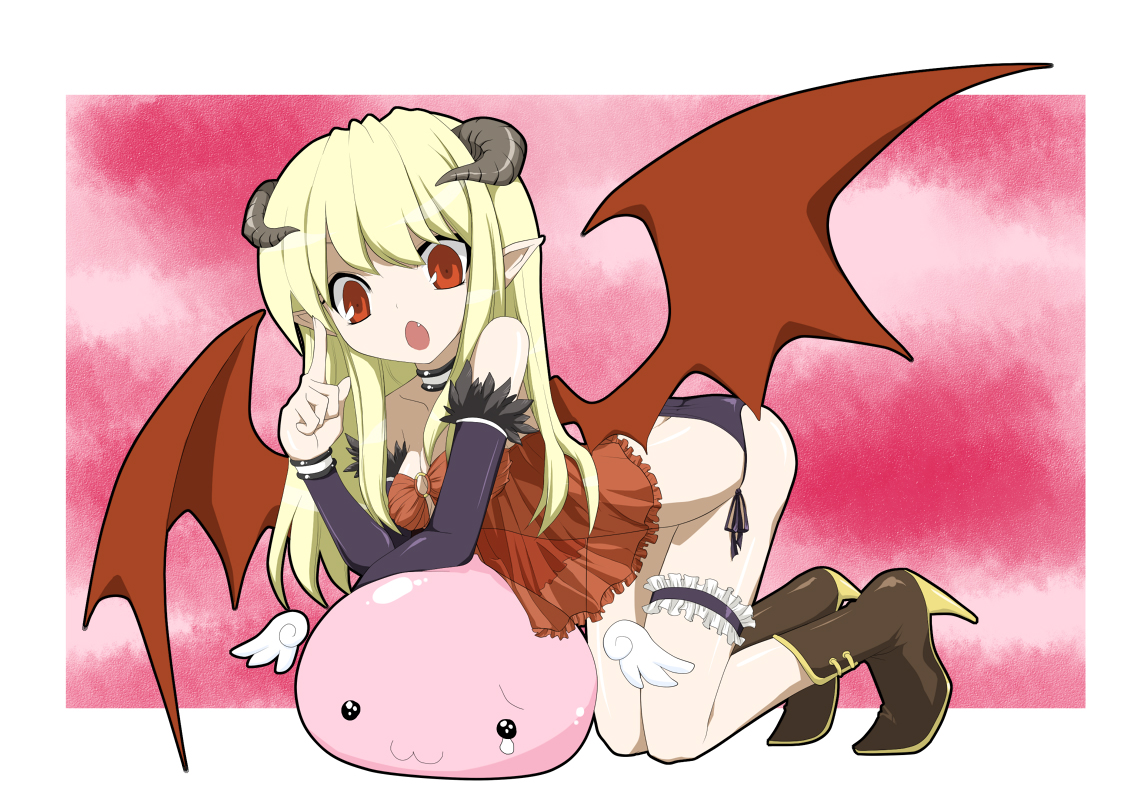 c-return, miu (pixiv16308), angeling, poring, succubus (ragnarok online), ragnarok online, bad id, bad pixiv id, 1girl, :3, all fours, bare shoulders, blonde hair, boots, breasts, choker, cleavage, demon girl, demon wings, detached sleeves, elbow gloves, fang, female focus, gloves, high heels, horns, long hair, lowleg, lowleg panties, open mouth, panties, pointing, pointy ears, red eyes, see-through clothes, shoes, side-tie panties, solo, tears, underwear, wings