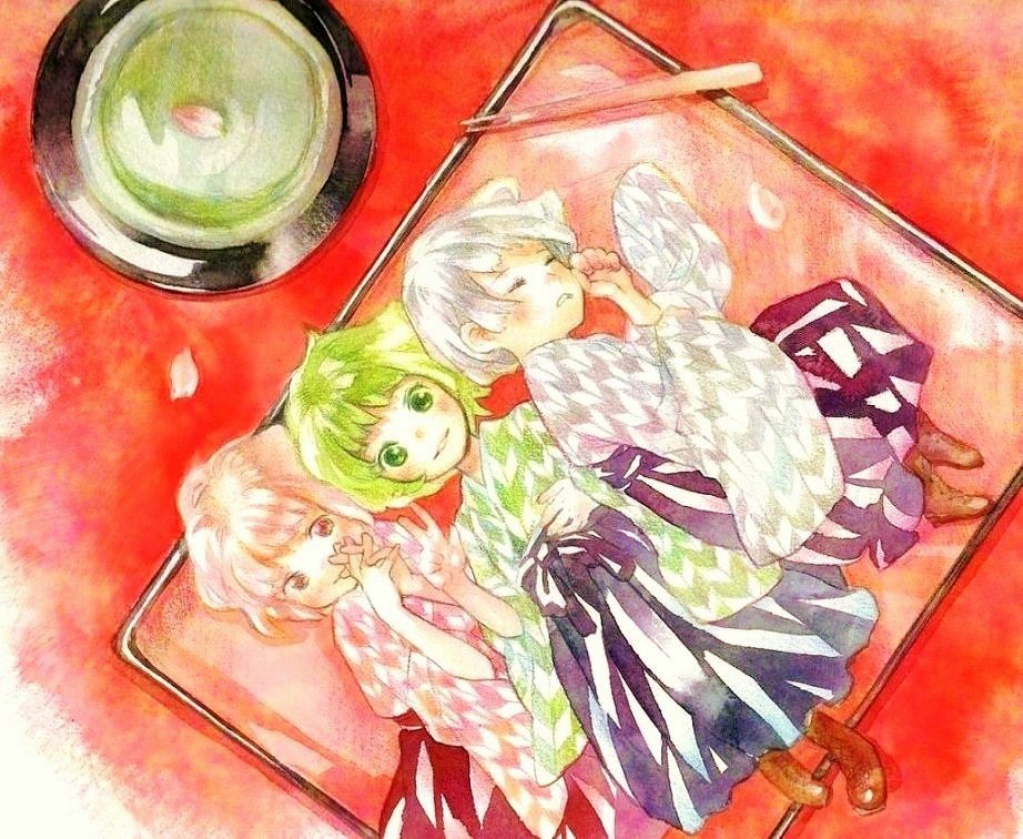akitomo, kasumi (hitokuri), original, bad id, bad pixiv id, painting (medium), traditional media, watercolor (medium), 3girls, arrow print, blue hakama, dango, food, hakama, hakama skirt, in food, japanese clothes, kimono, lying, meiji schoolgirl uniform, mini person, minigirl, multiple girls, personification, petals, sanshoku dango, skirt, wagashi, yagasuri
