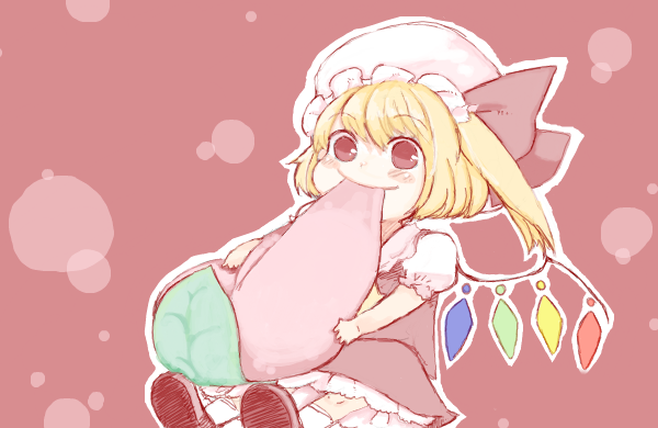 yuu shin, yuuma (tenkyuugi), flandre scarlet, touhou, bad id, bad pixiv id, 1girl, blonde hair, chibi, eating, female focus, food, hat, mochi, ponytail, red eyes, sakura mochi, short hair, solo, wagashi, wings