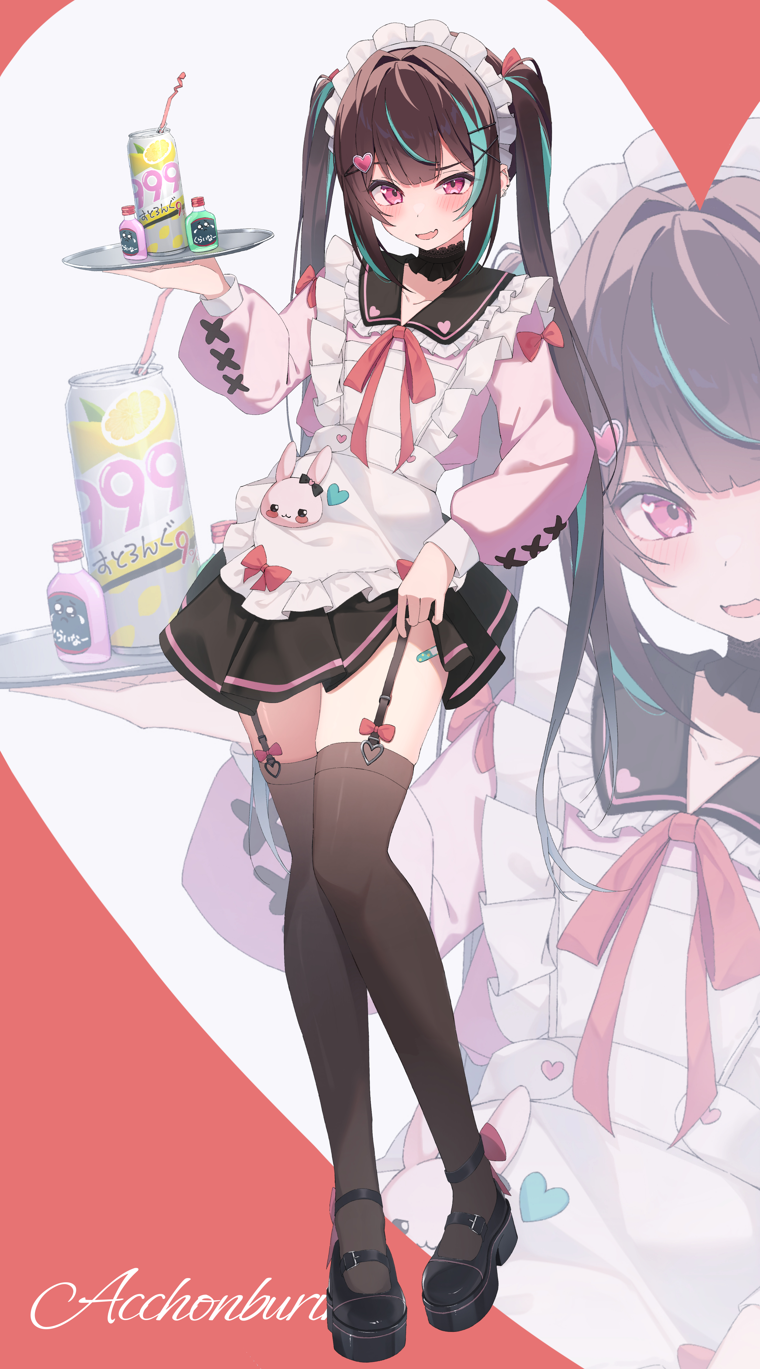 makasamalove, original, absurdres, commentary request, highres, 1girl, black thighhighs, brown hair, drink, jirai kei, maid, red eyes, shoes, skirt, suspender skirt, suspenders, thighhighs, thighs