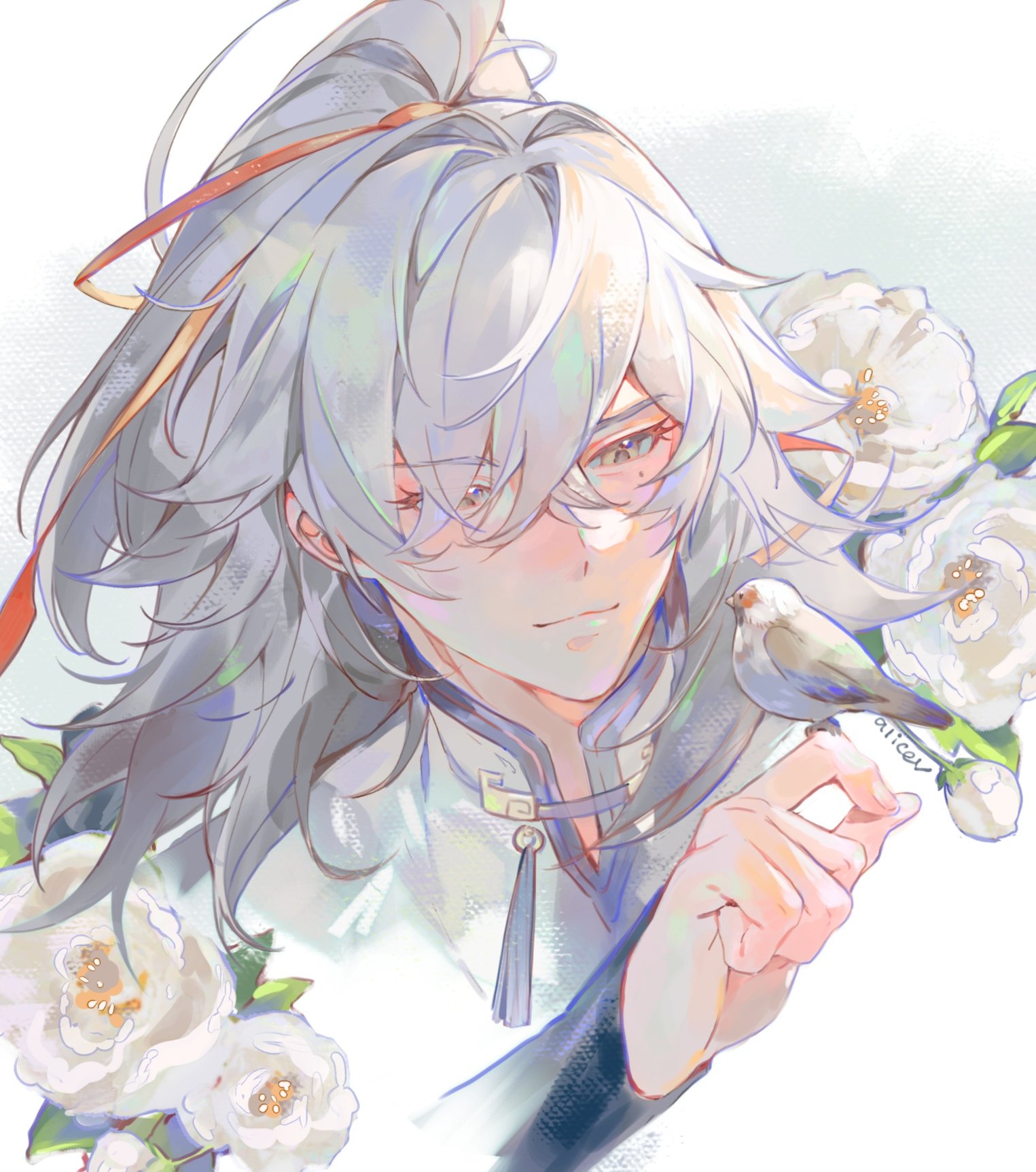 alicevseliet, jing yuan, honkai: star rail, honkai (series), commentary, hashtag-only commentary, highres, 1boy, artist name, bird, bird on hand, closed mouth, collared shirt, cropped shoulders, flower, grey eyes, hair between eyes, hair ribbon, high ponytail, light smile, long hair, looking at animal, male focus, mole, mole under eye, ponytail, red ribbon, ribbon, shirt, simple background, solo, white background, white flower, white hair, white shirt