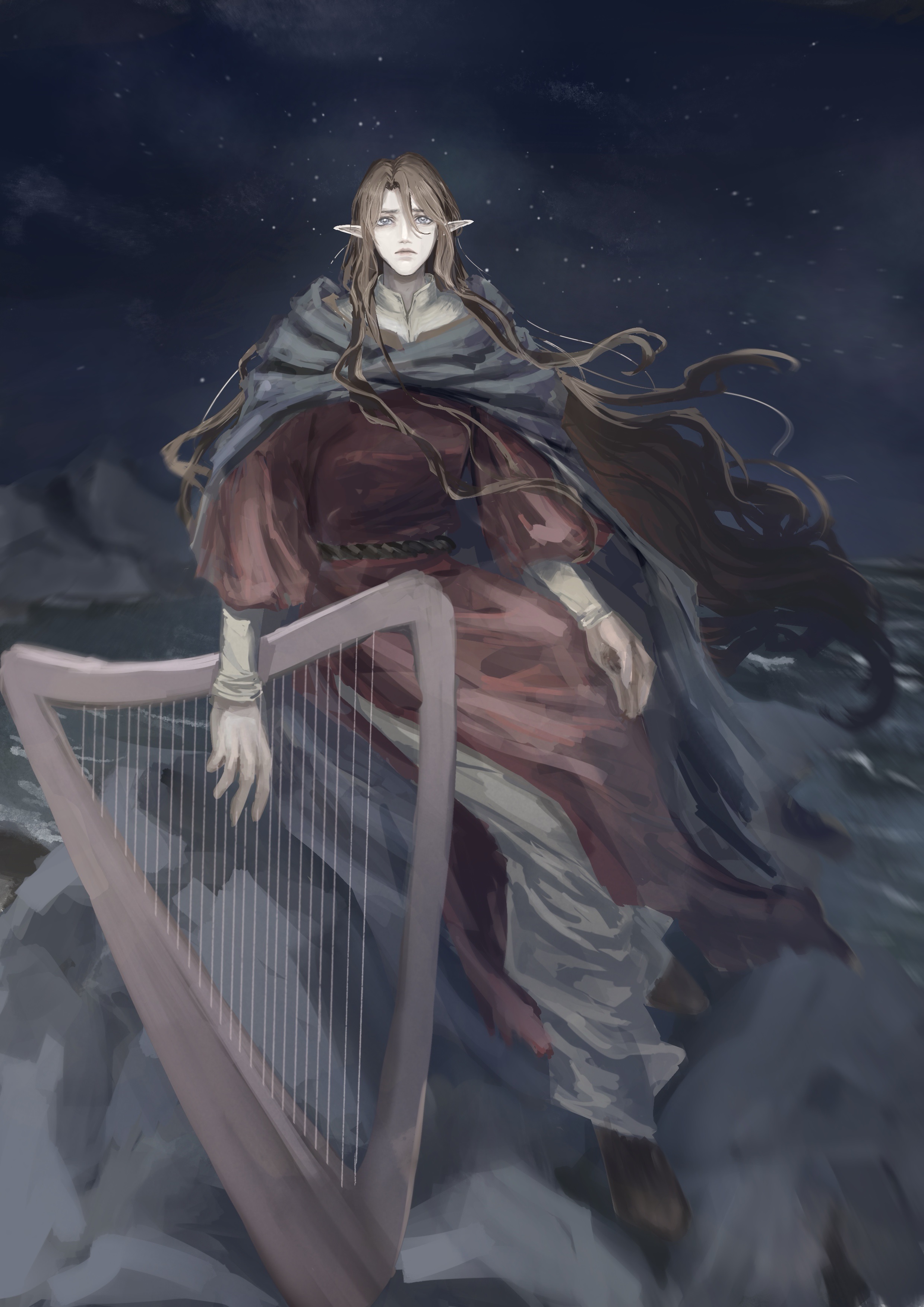 moriolor, maglor, the silmarillion, tolkien's legendarium, absurdres, highres, 1boy, cloak, closed mouth, elf, floating hair, hair between eyes, harp, instrument, large ears, long hair, looking at viewer, male focus, night, outdoors, pointy ears, robe, sitting, sky, solo, star (sky), starry sky, very long hair