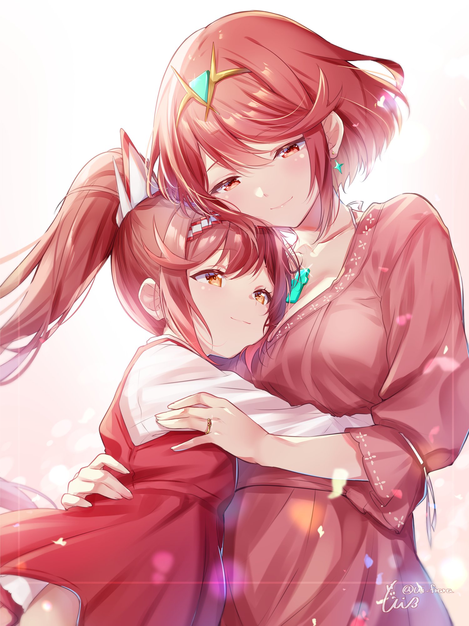 ui frara, glimmer (xenoblade), pyra (xenoblade), xenoblade chronicles (series), xenoblade chronicles 2, xenoblade chronicles 3, xenoblade chronicles 3: future redeemed, highres, 2girls, alternate costume, mother and daughter, multiple girls, red eyes, red hair