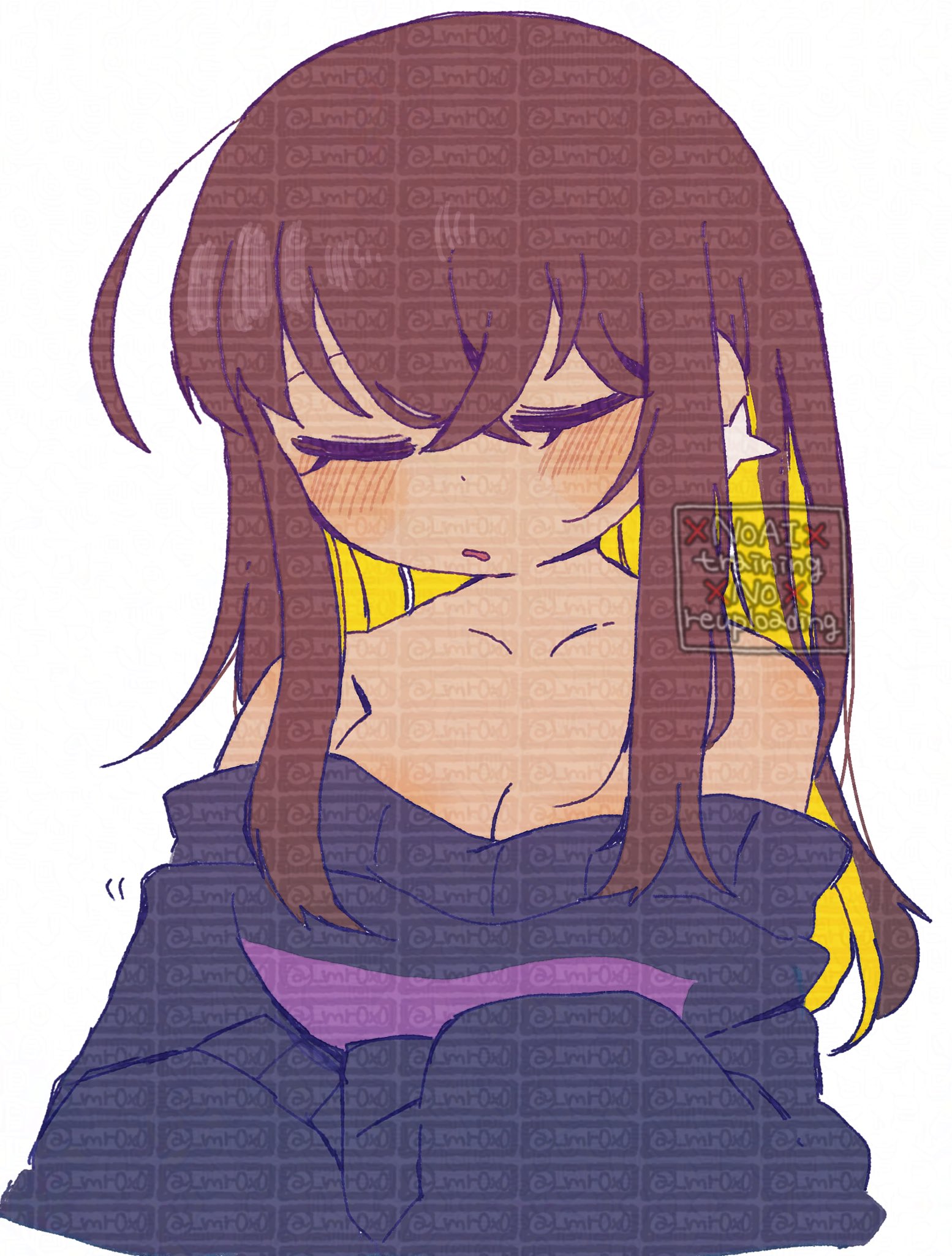 mr0x0, frisk (undertale), undertale, utdr (toby fox), highres, 1girl, :o, aged up, alternate hair length, alternate hairstyle, bare shoulders, black sweater, blonde hair, breasts, brown hair, closed eyes, collarbone, colored inner hair, cowlick, cropped torso, crossed bangs, earrings, facing viewer, genderswap, genderswap (otf), hair between eyes, jewelry, long hair, long sleeves, medium breasts, multicolored hair, off-shoulder sweater, off shoulder, open mouth, puffy long sleeves, puffy sleeves, purple sweater, sidelocks, simple background, sleeves past fingers, sleeves past wrists, solo, striped clothes, striped sweater, sweater, too many watermarks, two-tone hair, two-tone sweater, u u, watermark, white background
