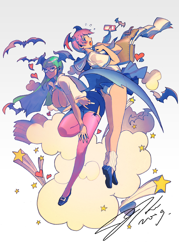 jj (yadz01), lilith (darkstalkers), morrigan aensland, capcom, darkstalkers, 2girls, ass, bag, bat (animal), bat wings, blue eyes, blush, breasts, bursting breasts, cellphone, chalk, cleavage, clothes lift, cloud, cosplay, demon girl, dress shirt, embarrassed, garter belt, glasses, green eyes, green hair, head wings, heart, hip focus, large breasts, legs, long hair, loose socks, miniskirt, multiple girls, open mouth, panties, pantyshot, phone, pleated skirt, purple hair, school uniform, serafuku, shirt, shoes, short hair, signature, skirt, skirt lift, smile, socks, star (symbol), sweat, teacher, teacher and student, thighhighs, unbuttoned, underwear, upskirt, white panties, wide hips, wind, wind lift, wings, zettai ryouiki