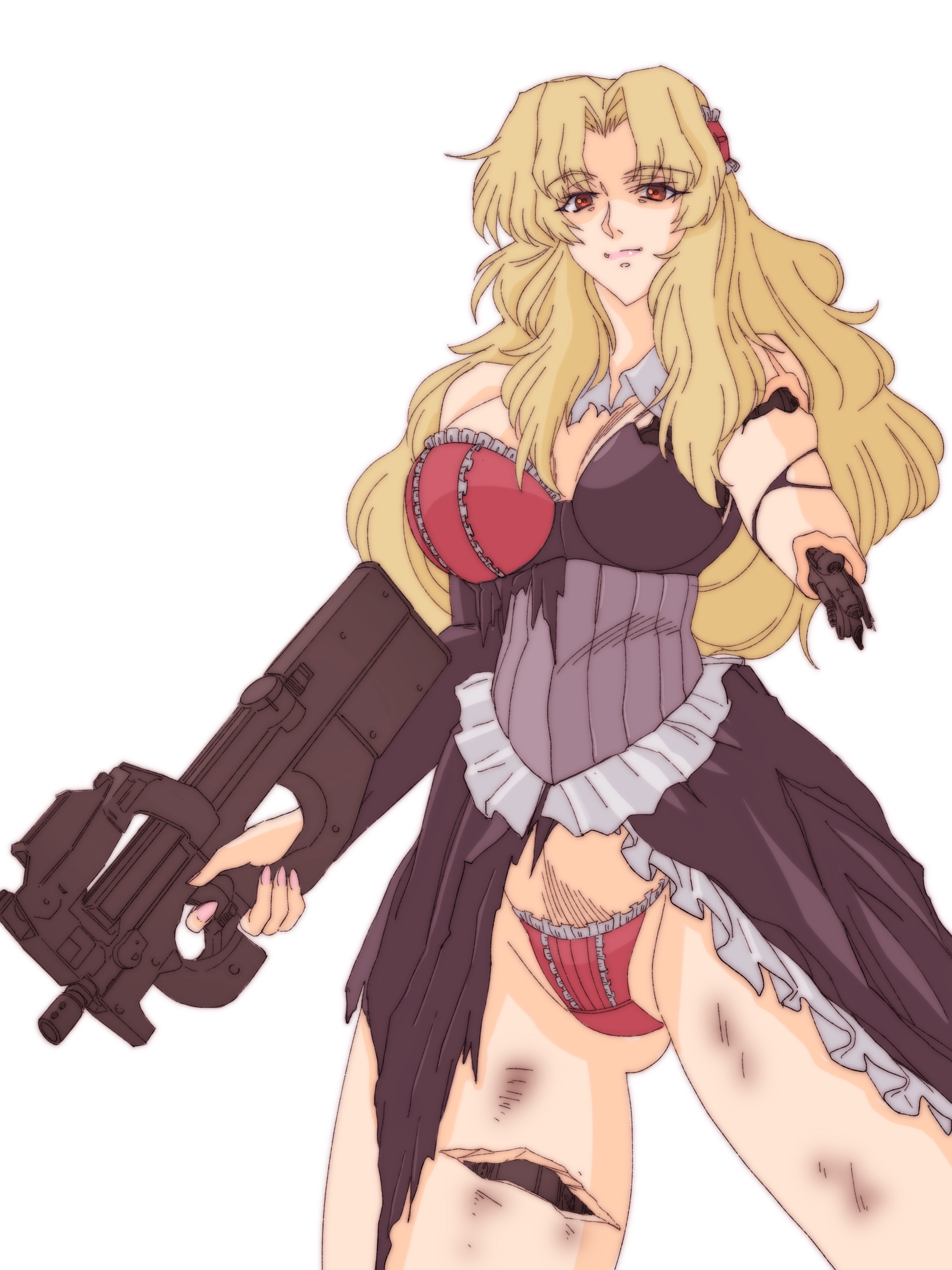koube masahiko, january (coyote ragtime show), coyote ragtime show, absurdres, highres, 1girl, amputee, android, blonde hair, bra, breasts, bullpup, cropped legs, damaged, dress, exposed internal machinery, frilled dress, frills, gun, holding, holding gun, holding weapon, joints, large breasts, long hair, mechabare, mechanical arms, mechanical legs, p90, pants, red bra, red eyes, red pants, robot joints, simple background, solo, standing, submachine gun, torn clothes, torn dress, underwear, weapon