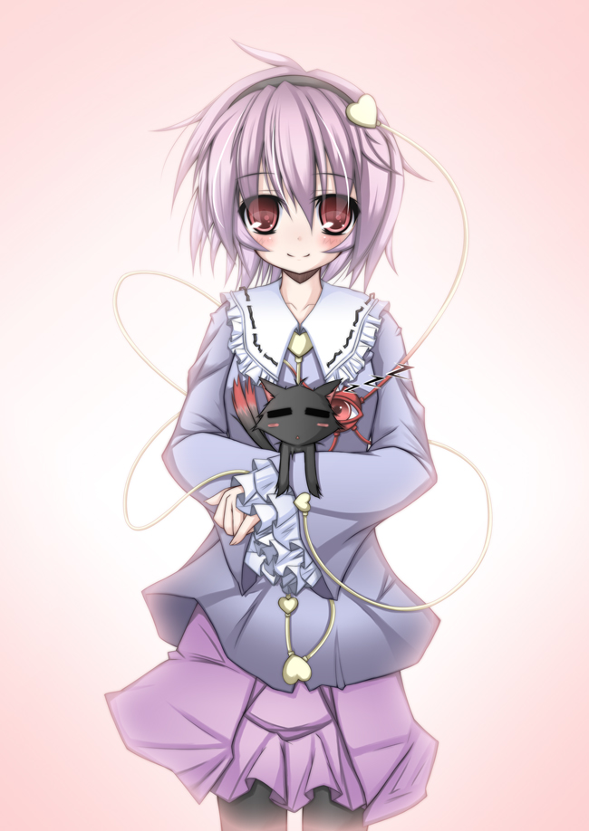 futase hijiri, sousera kiyoshi, kaenbyou rin, kaenbyou rin (cat), komeiji satori, touhou, 1girl, female focus, hairband, heart, pantyhose, purple eyes, purple hair, short hair, solo