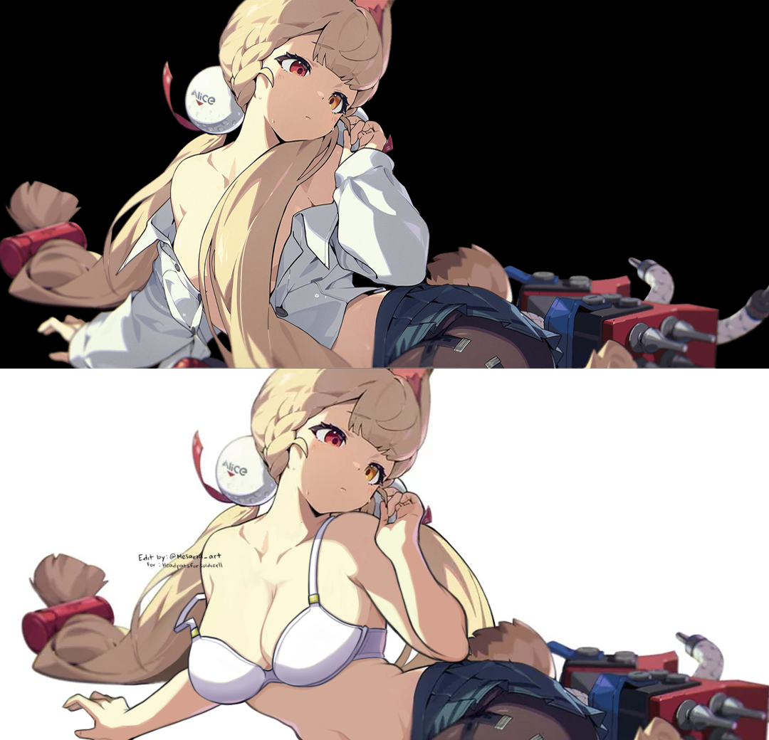 alice thymefield, zenless zone zero, third-party edit, animal ears, black background, blonde hair, bra, heterochromia, long hair, looking to the side, lying, mesaria art, on side, ponytail, rabbit ears, rabbit girl, rabbit tail, red eyes, shirt, stomach, sweat, tail, underwear, white background, yellow eyes