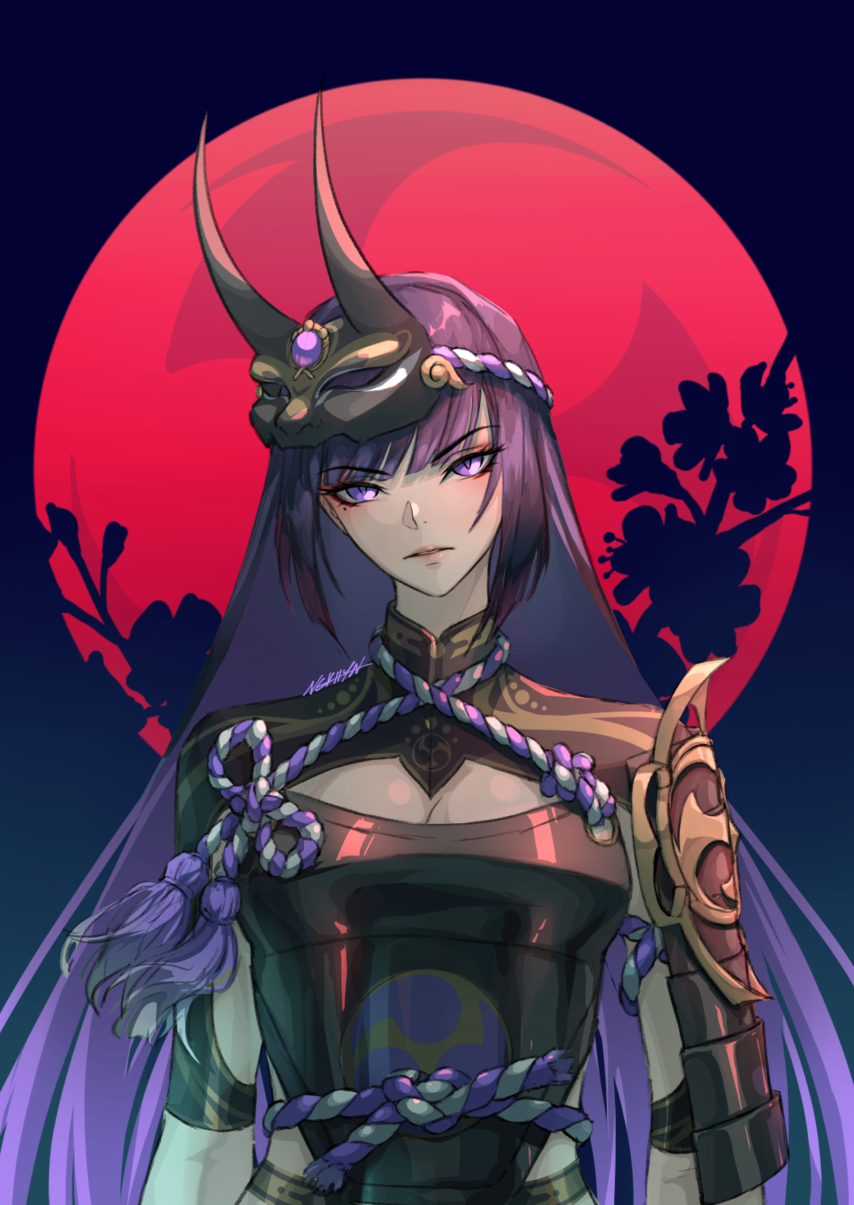 ngkhyn, raiden shogun, genshin impact, commentary request, highres, 1girl, alternate costume, alternate universe, armor, artist name, blunt bangs, branch, breasts, cleavage, cleavage cutout, clothing cutout, electro symbol (genshin impact), eyeliner, fake horns, gradient hair, hair down, head tilt, horns, japanese armor, japanese clothes, large breasts, long sleeves, looking at viewer, makeup, mask, mask on head, mitsudomoe (shape), mole, mole under eye, moon, multicolored hair, parted lips, pink lips, purple eyes, red eyeliner, red moon, redesign, rope, shogun, shoulder armor, signature, solo, standing, tomoe (symbol), upper body
