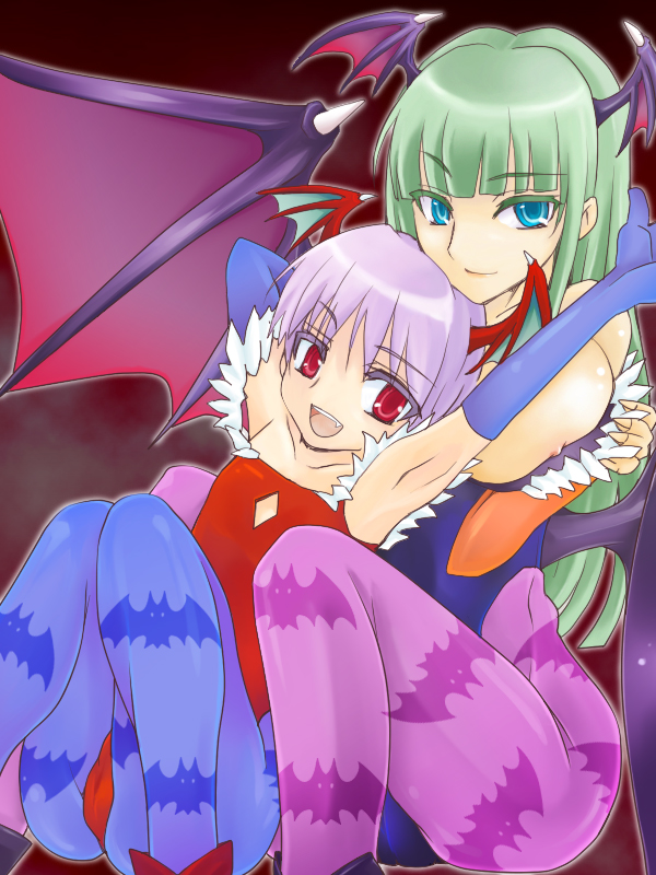 schnecke, lilith (darkstalkers), morrigan aensland, capcom, darkstalkers, print legwear, 2girls, animal print, armpits, arms up, bare shoulders, bat print, bat wings, blue eyes, breasts, cameltoe, demon girl, detached sleeves, elbow gloves, fang, flat chest, gloves, green hair, head wings, large breasts, leotard, long hair, multiple girls, nipple slip, nipples, pantyhose, purple hair, red eyes, red leotard, short hair, sitting, wings