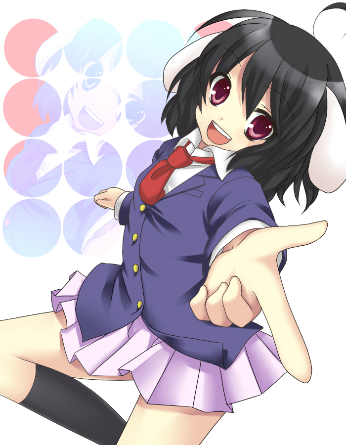 etou (cherry7), inaba tewi, reisen udongein inaba, touhou, bad id, bad pixiv id, 1girl, ahoge, animal ears, black hair, blazer, bob cut, cosplay, fang, female focus, finger gun, foreshortening, jacket, jumping, laughing, miniskirt, necktie, open mouth, pleated skirt, purple eyes, rabbit ears, red necktie, reisen udongein inaba (cosplay), school uniform, skirt, smile, solo, zoom layer