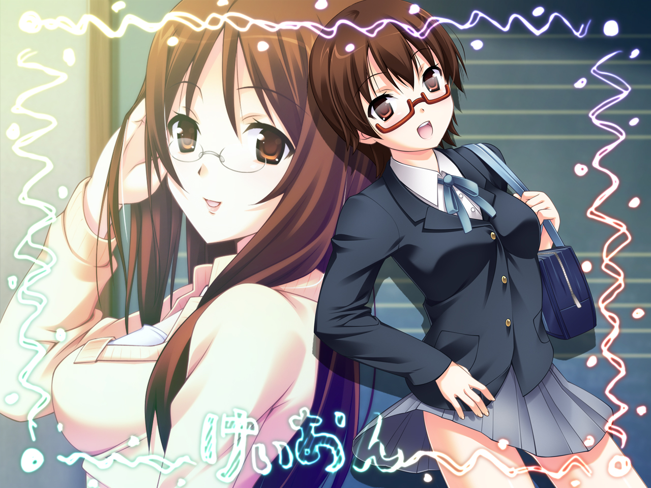 natsukon, manabe nodoka, yamanaka sawako, k-on!, 00s, 2girls, brown eyes, brown hair, glasses, long hair, multiple girls, red-framed eyewear, school uniform, semi-rimless eyewear, short hair, under-rim eyewear